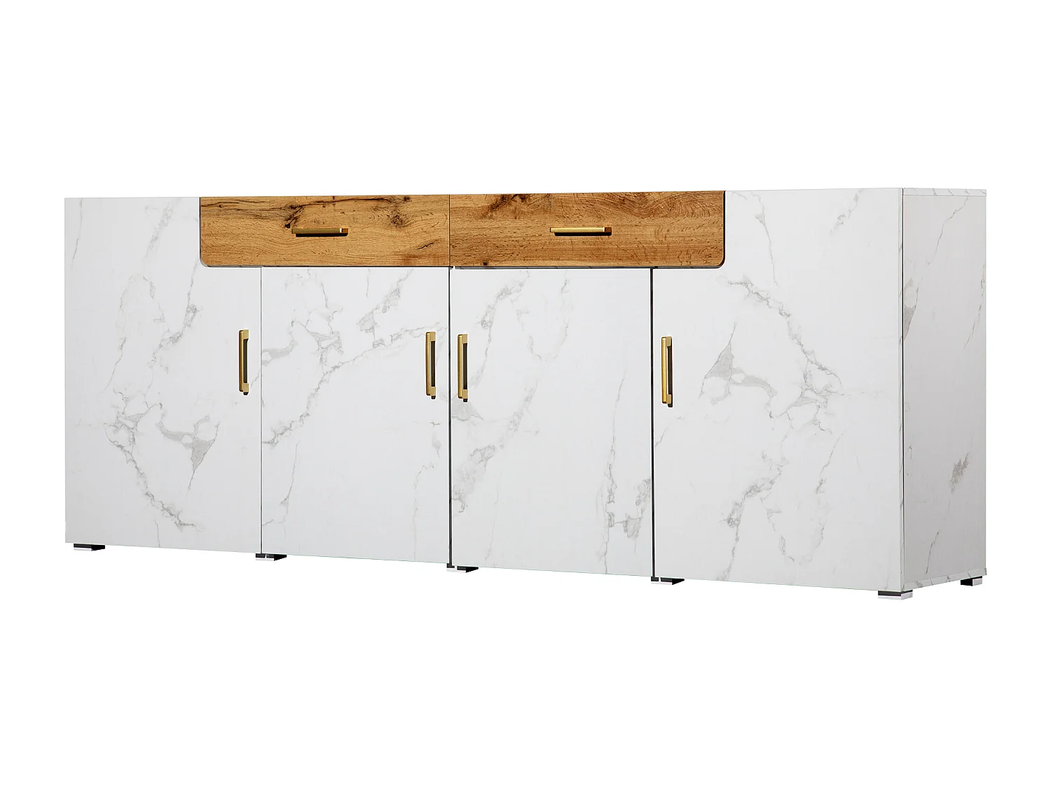 Buffet avec 2 tiroirs et 4 portes - Blanc effet marbre et imitation chêne