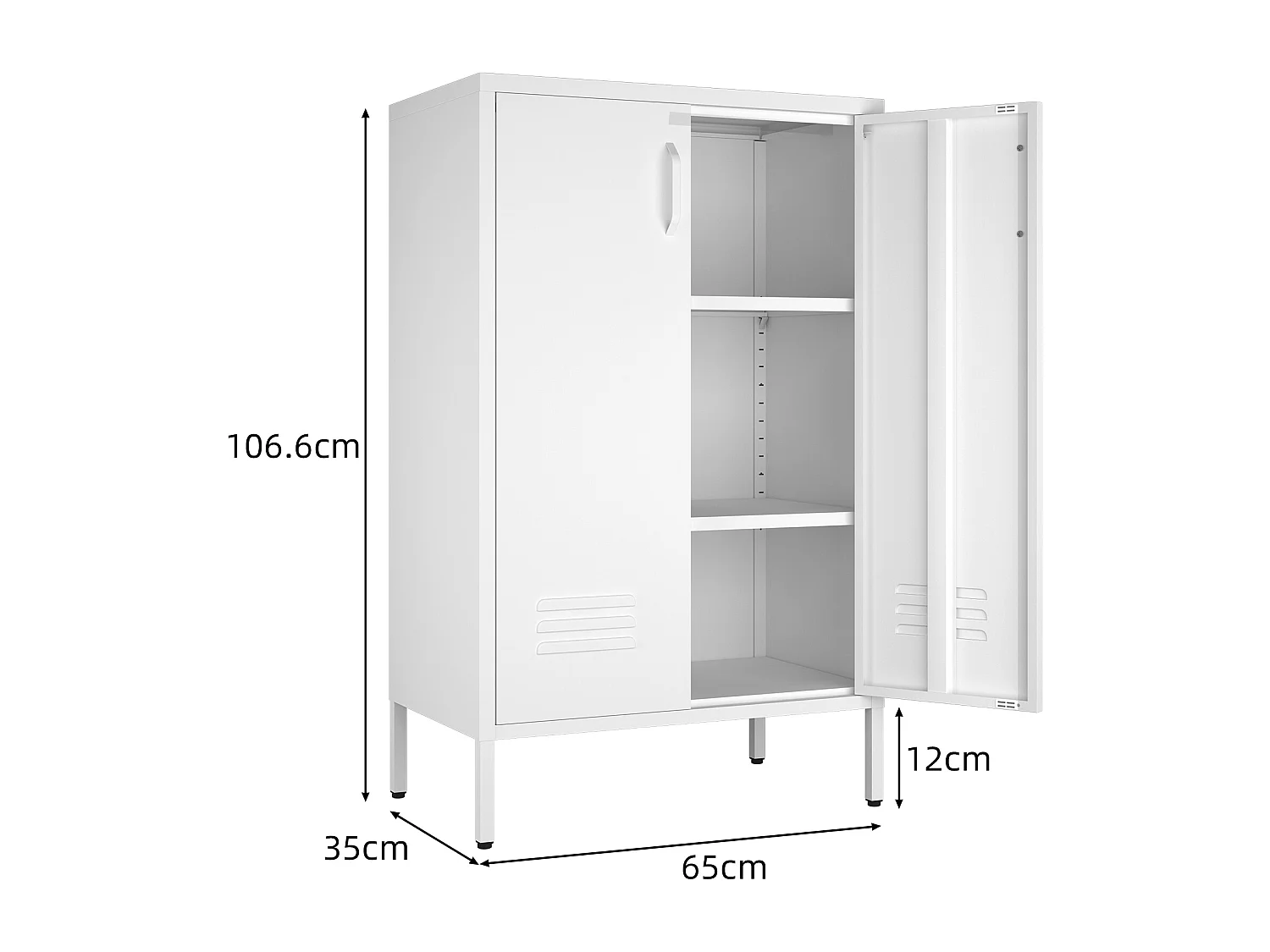 Buffet en métal blanc avec 2 portes et 2 étagères réglables
