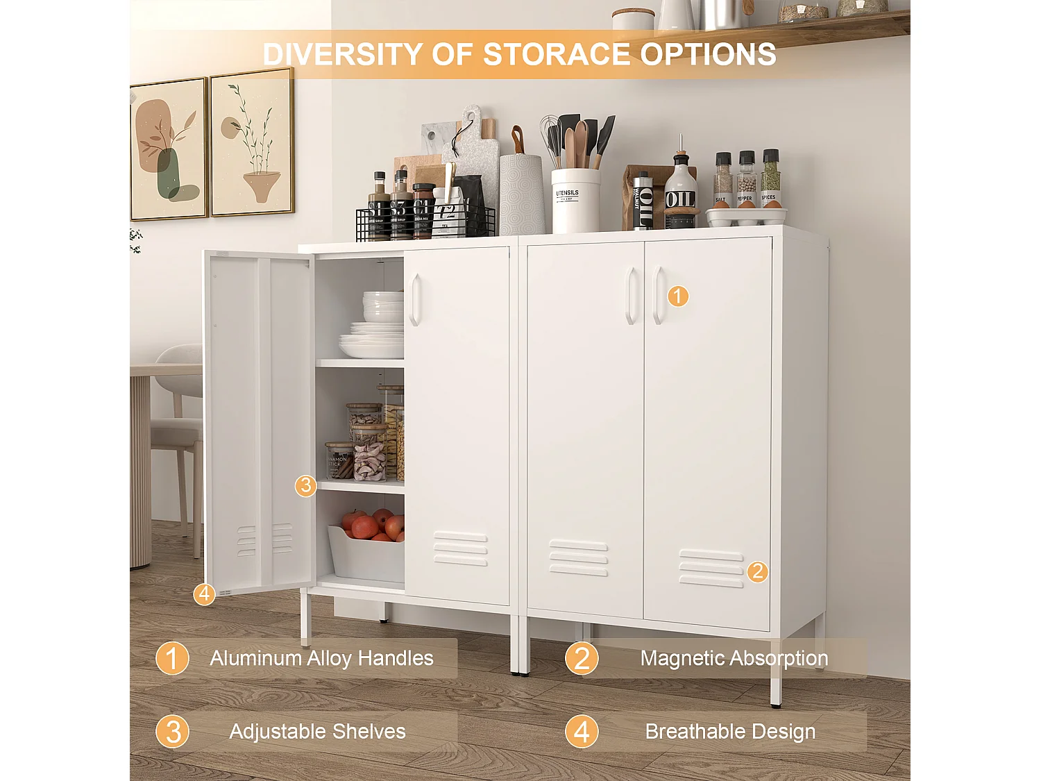 Buffet en métal blanc avec 2 portes et 2 étagères réglables