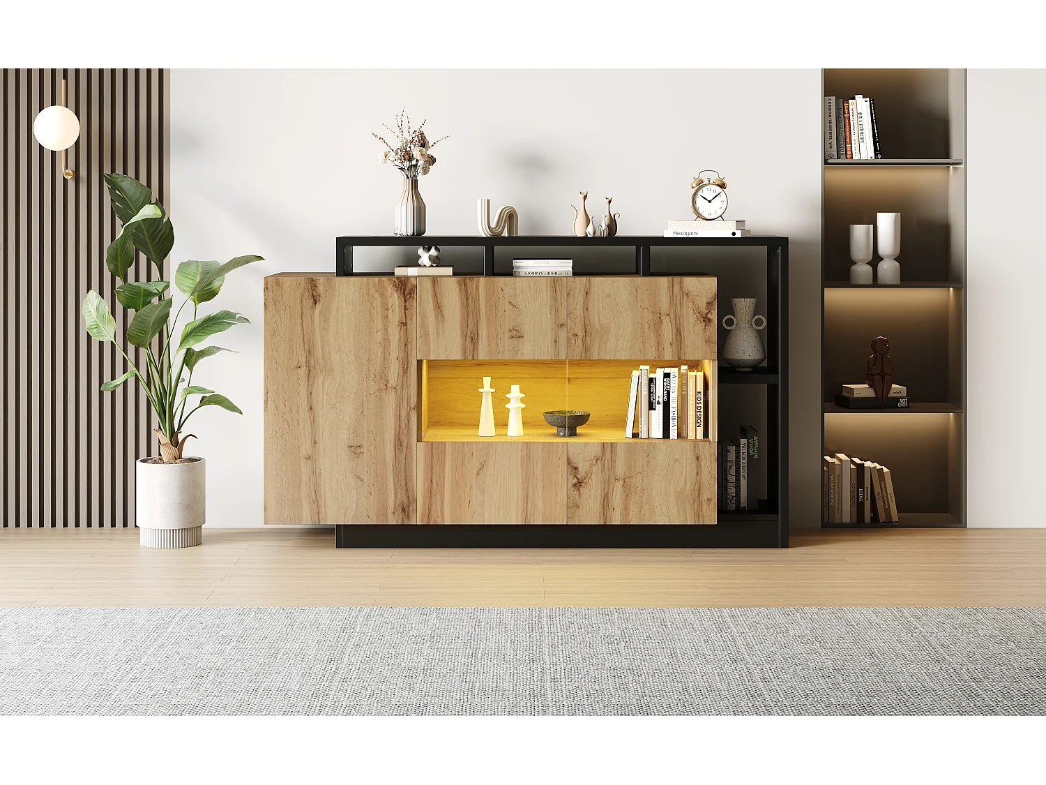 Dressoir met app-gestuurde ledverlichting en 3 deuren - Hout en zwart MDF afwerking