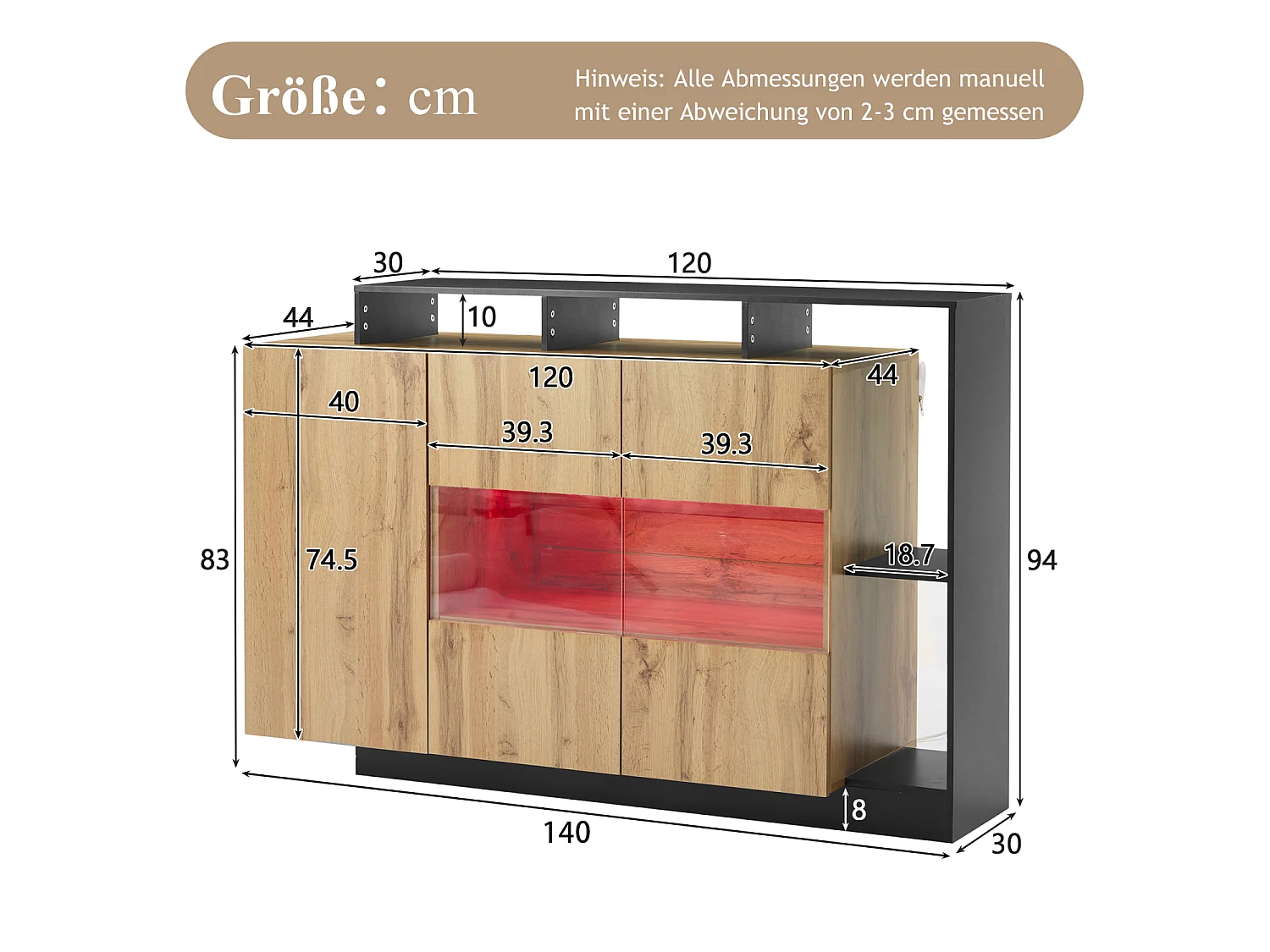Credenza con illuminazione a LED controllabile tramite app e 3 ante - Legno e MDF nero