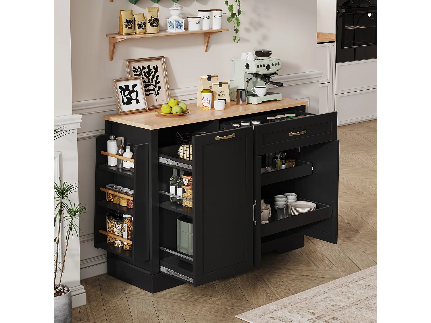 Buffet noir cuisine avec tiroir, rangements coulissants et étagères 115x40x87 cm