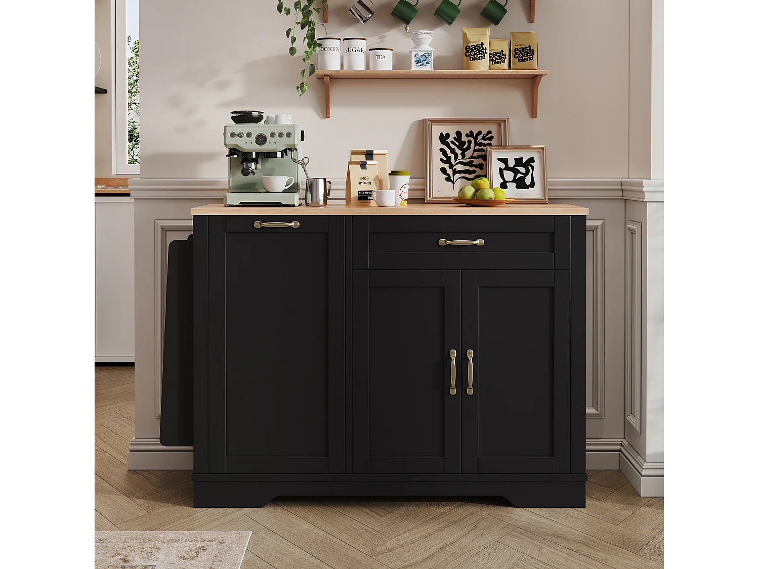 Buffet noir cuisine avec tiroir, rangements coulissants et étagères 115x40x87 cm