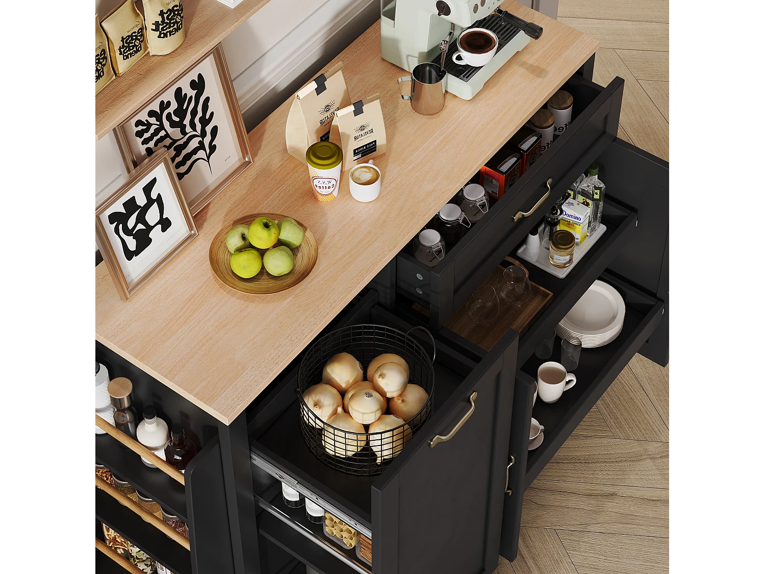 Buffet noir cuisine avec tiroir, rangements coulissants et étagères 115x40x87 cm