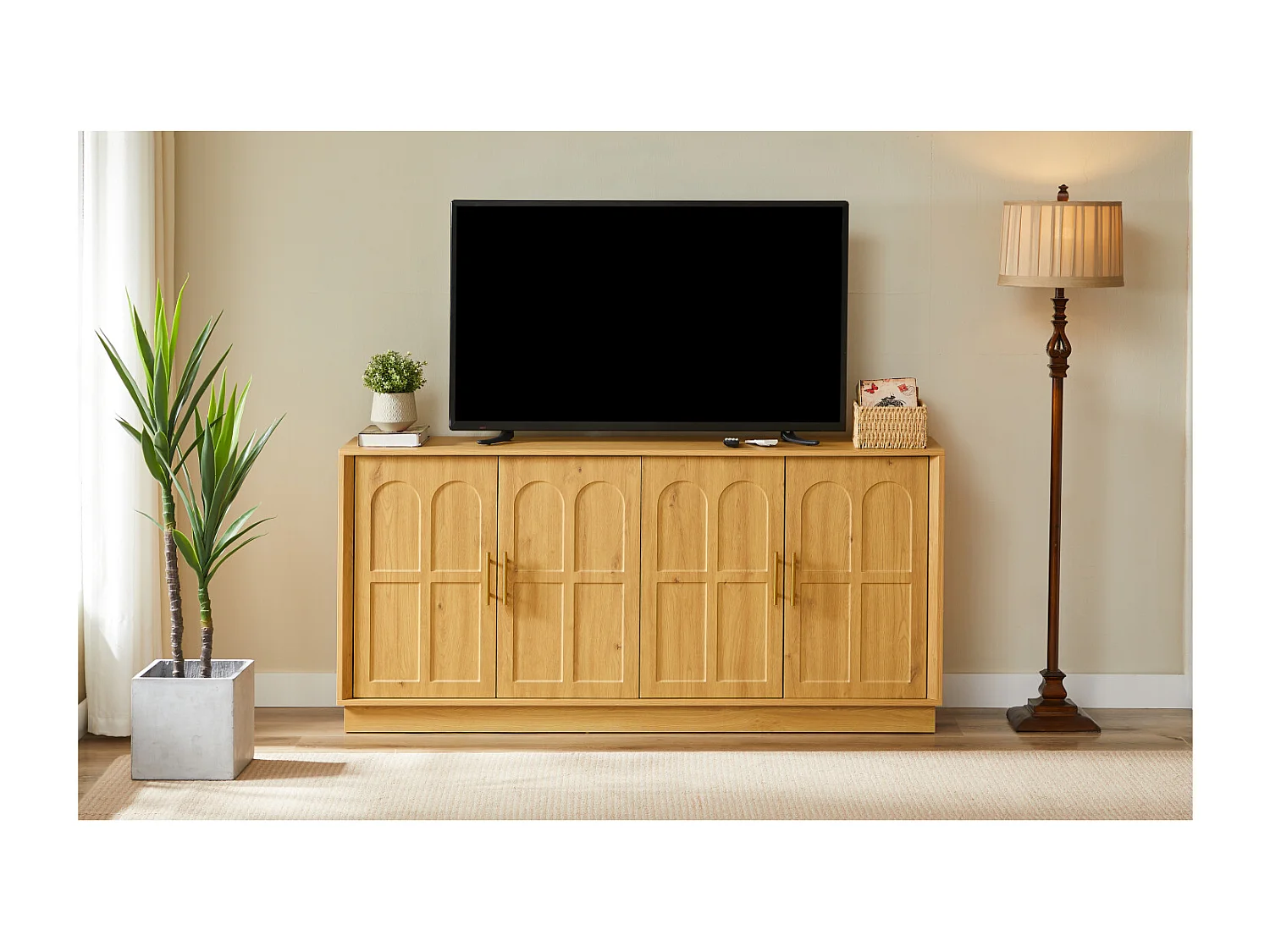 Buffet en MDF 169x40x80 cm avec 4 portes incurvées - Couleur bois