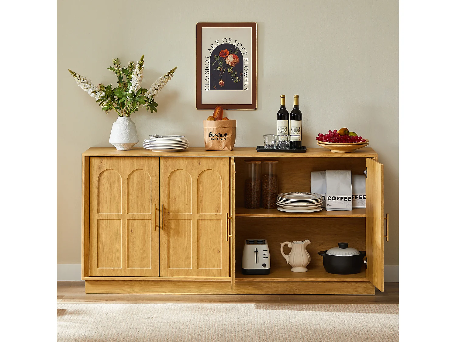 Buffet en MDF 169x40x80 cm avec 4 portes incurvées - Couleur bois