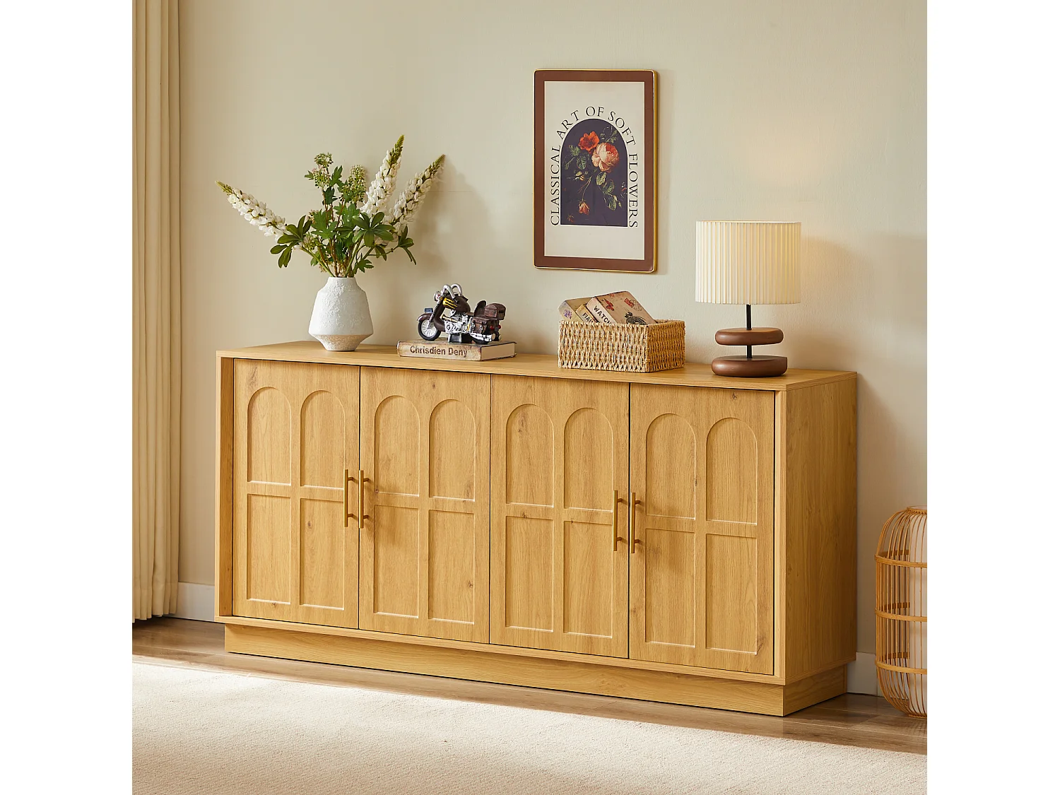 Buffet en MDF 169x40x80 cm avec 4 portes incurvées - Couleur bois