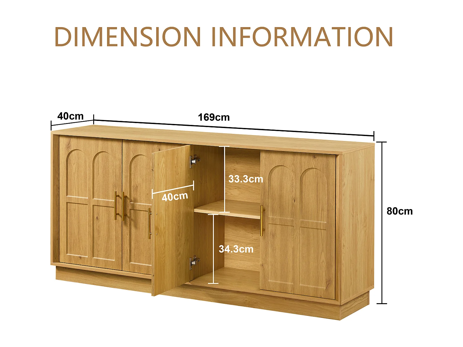 Buffet en MDF 169x40x80 cm avec 4 portes incurvées - Couleur bois