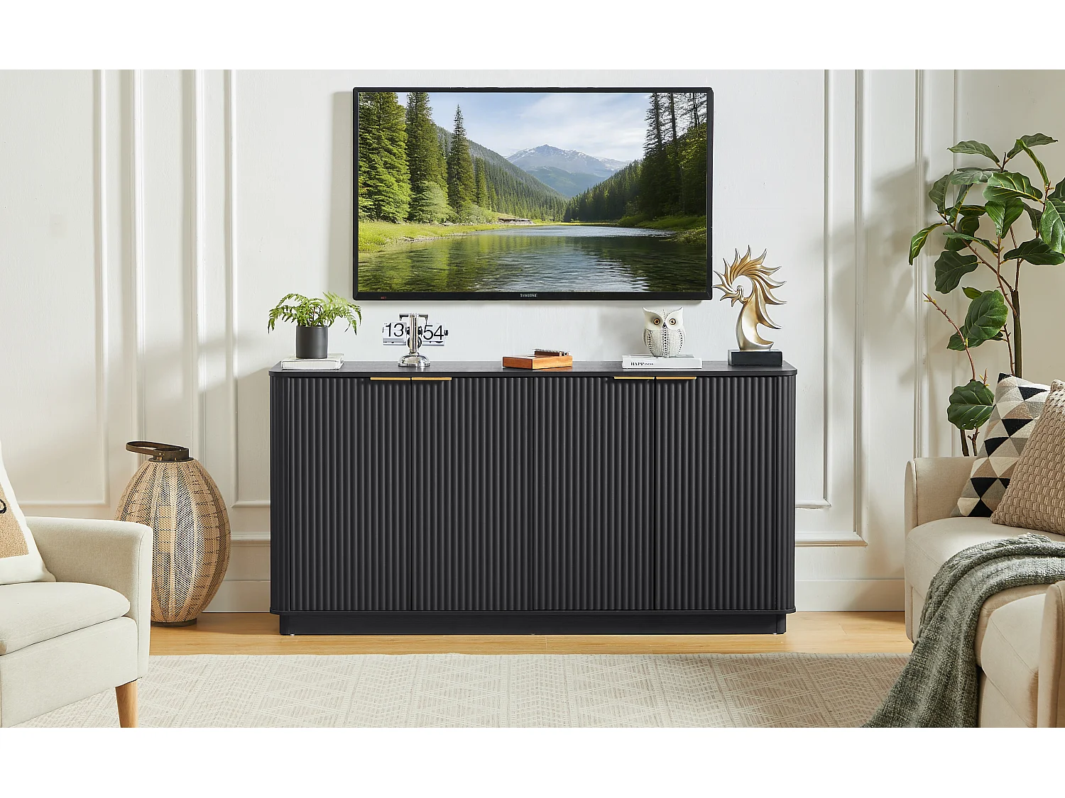 Buffet avec 4 portes rayures verticales - Noir 160 x 40 x 80 cm