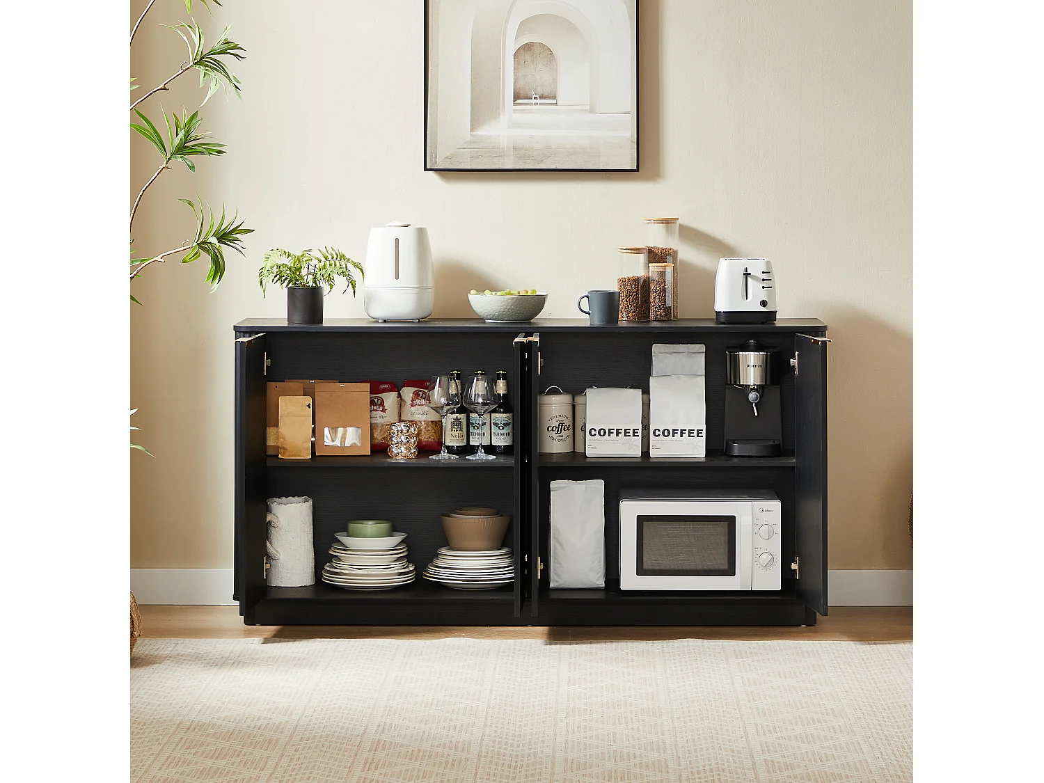 Buffet avec 4 portes rayures verticales - Noir 160 x 40 x 80 cm