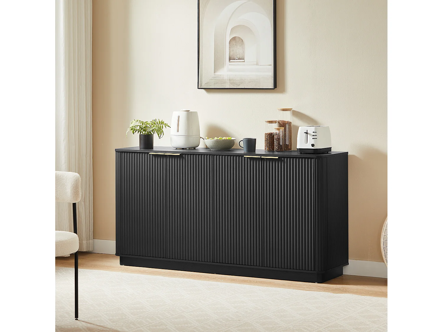 Buffet avec 4 portes rayures verticales - Noir 160 x 40 x 80 cm