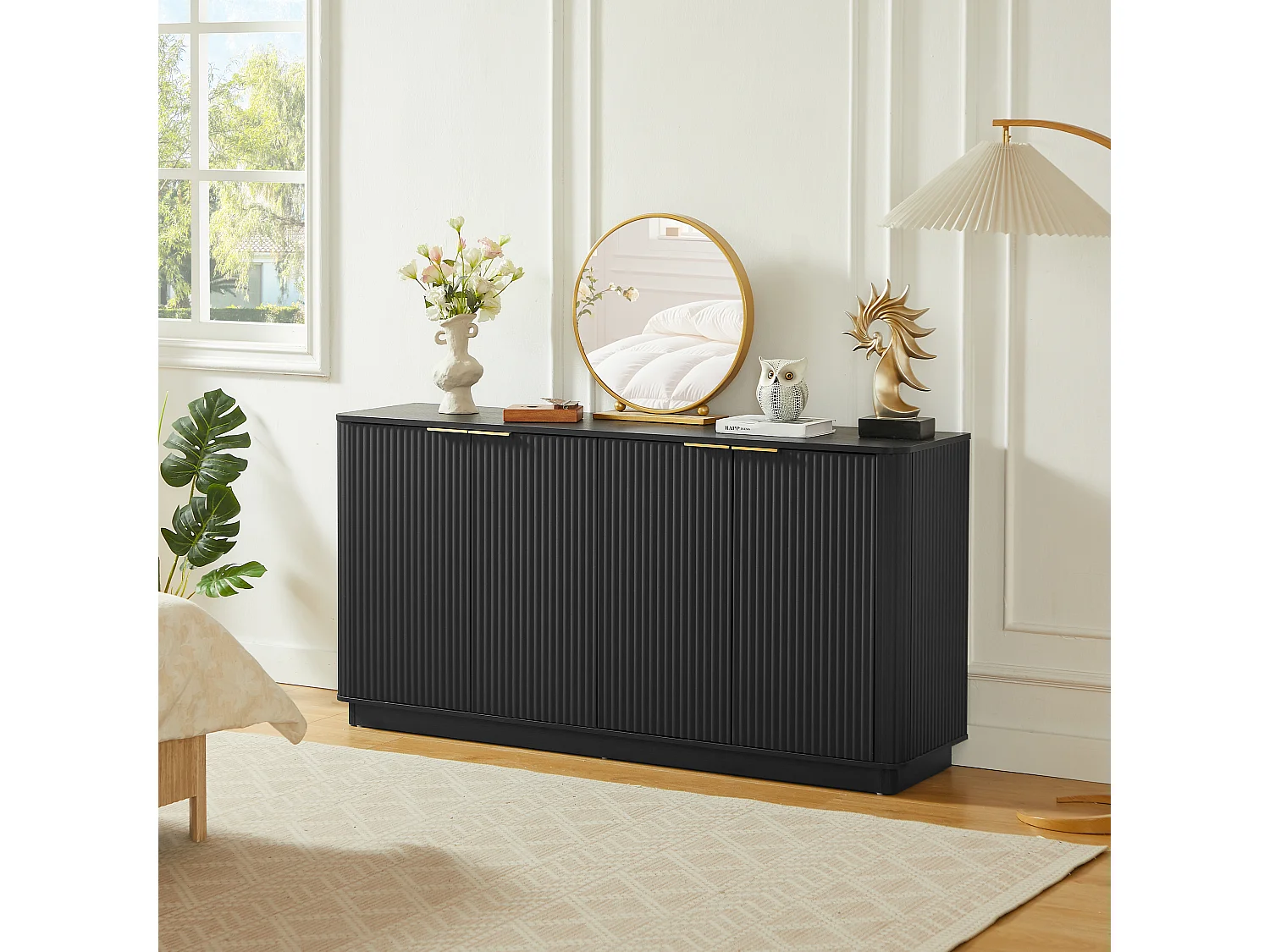 Buffet avec 4 portes rayures verticales - Noir 160 x 40 x 80 cm