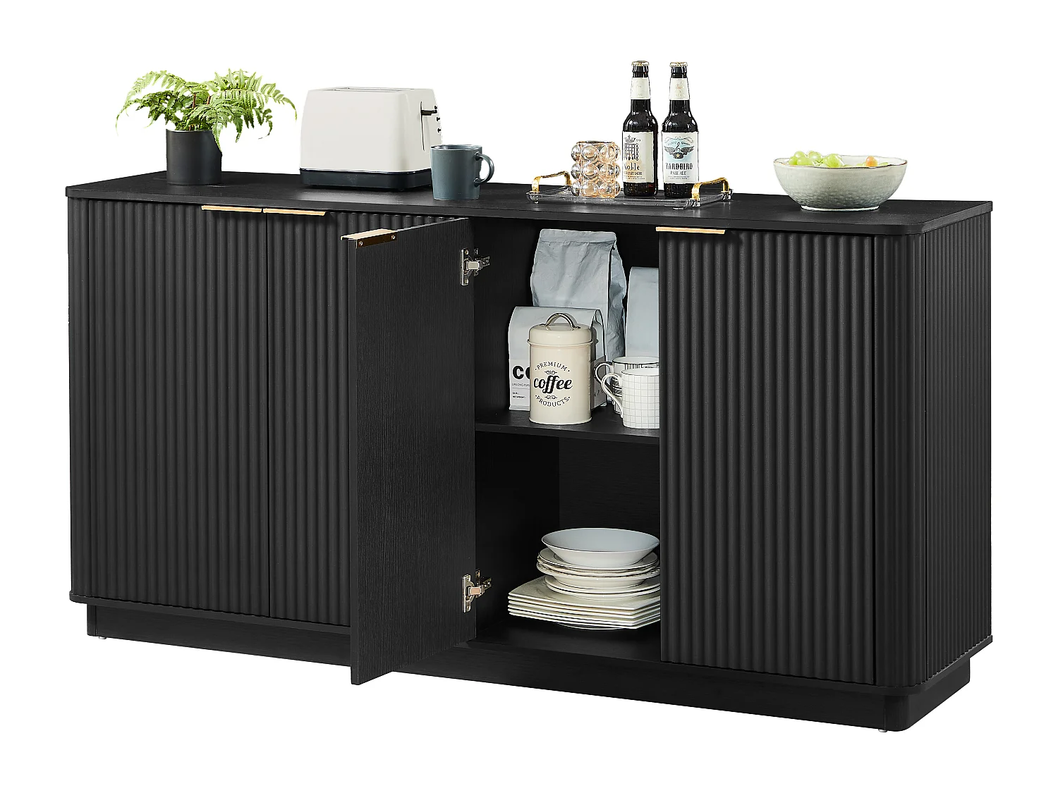 Buffet avec 4 portes rayures verticales - Noir 160 x 40 x 80 cm