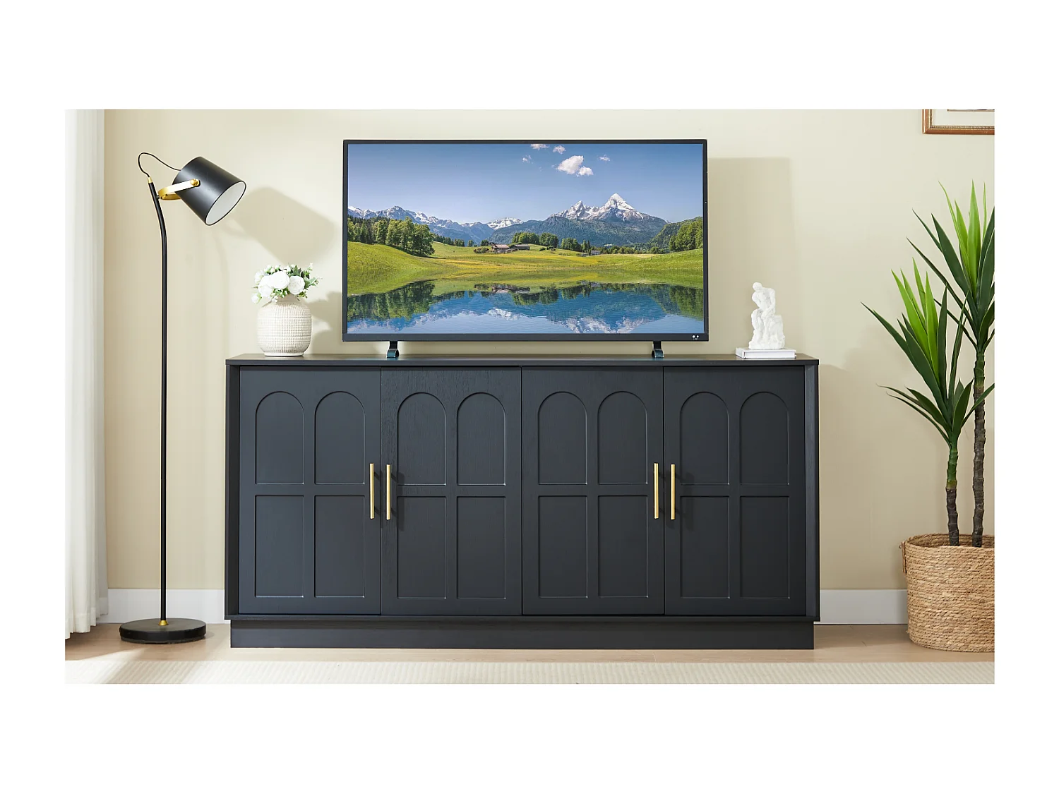 Buffet en MDF 169x40x80 cm avec 4 portes incurvées - Noir