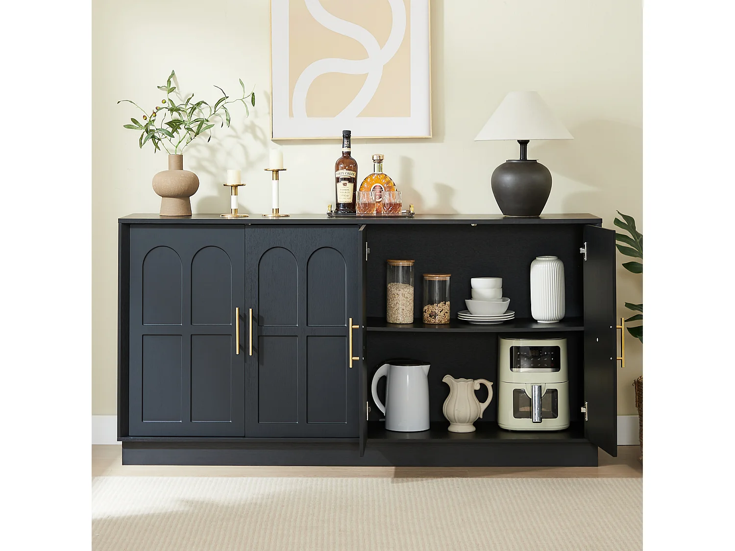 Buffet en MDF 169x40x80 cm avec 4 portes incurvées - Noir