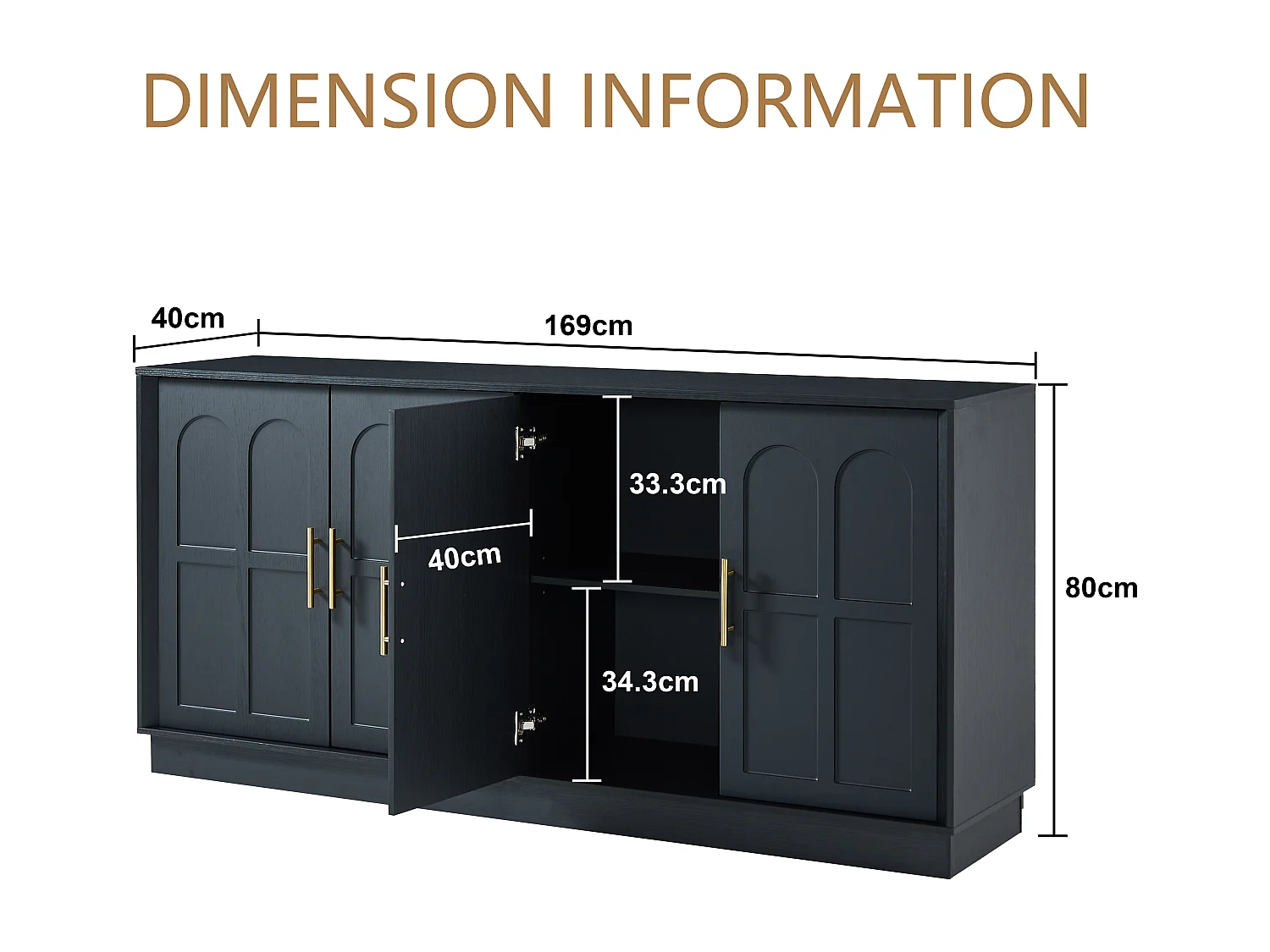 Buffet en MDF 169x40x80 cm avec 4 portes incurvées - Noir