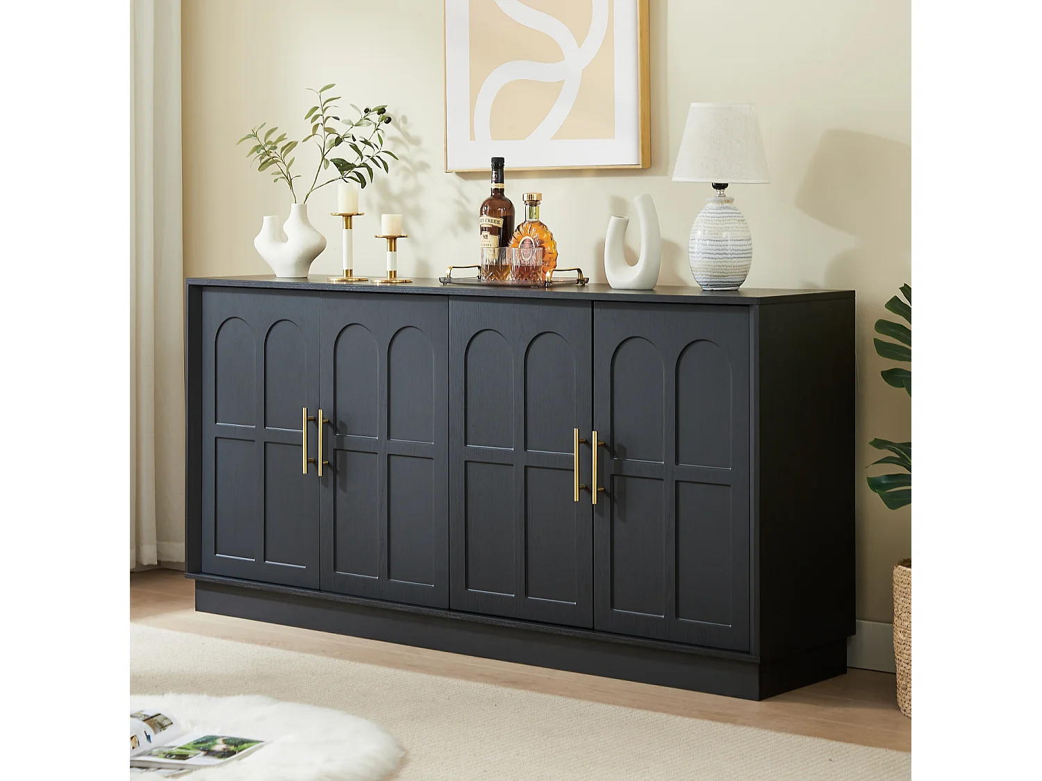 Buffet en MDF 169x40x80 cm avec 4 portes incurvées - Noir
