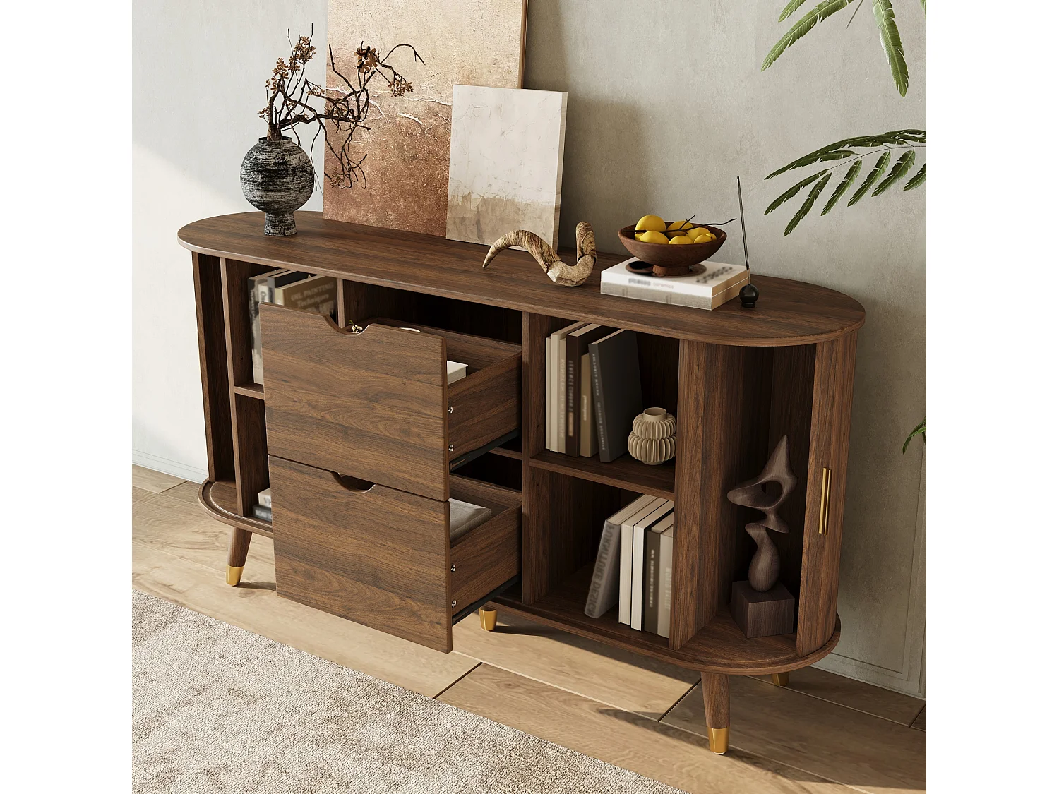 Buffet avec 2 portes coulissantes et 2 tiroirs - Angle arrondi pour le salon - Marron