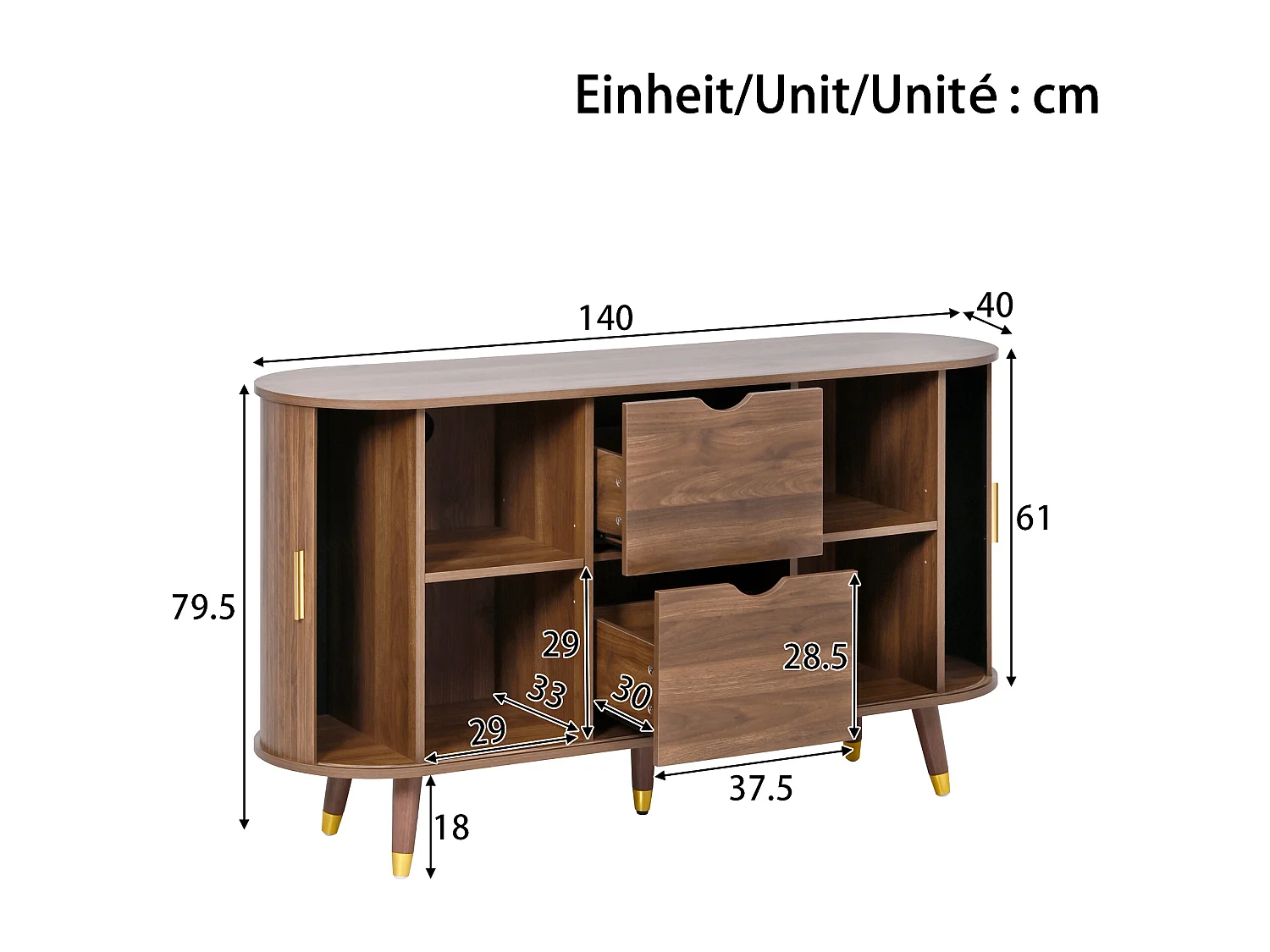Buffet avec 2 portes coulissantes et 2 tiroirs - Angle arrondi pour le salon - Marron