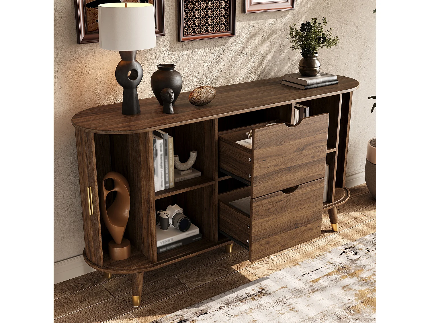 Buffet avec 2 portes coulissantes et 2 tiroirs - Angle arrondi pour le salon - Marron