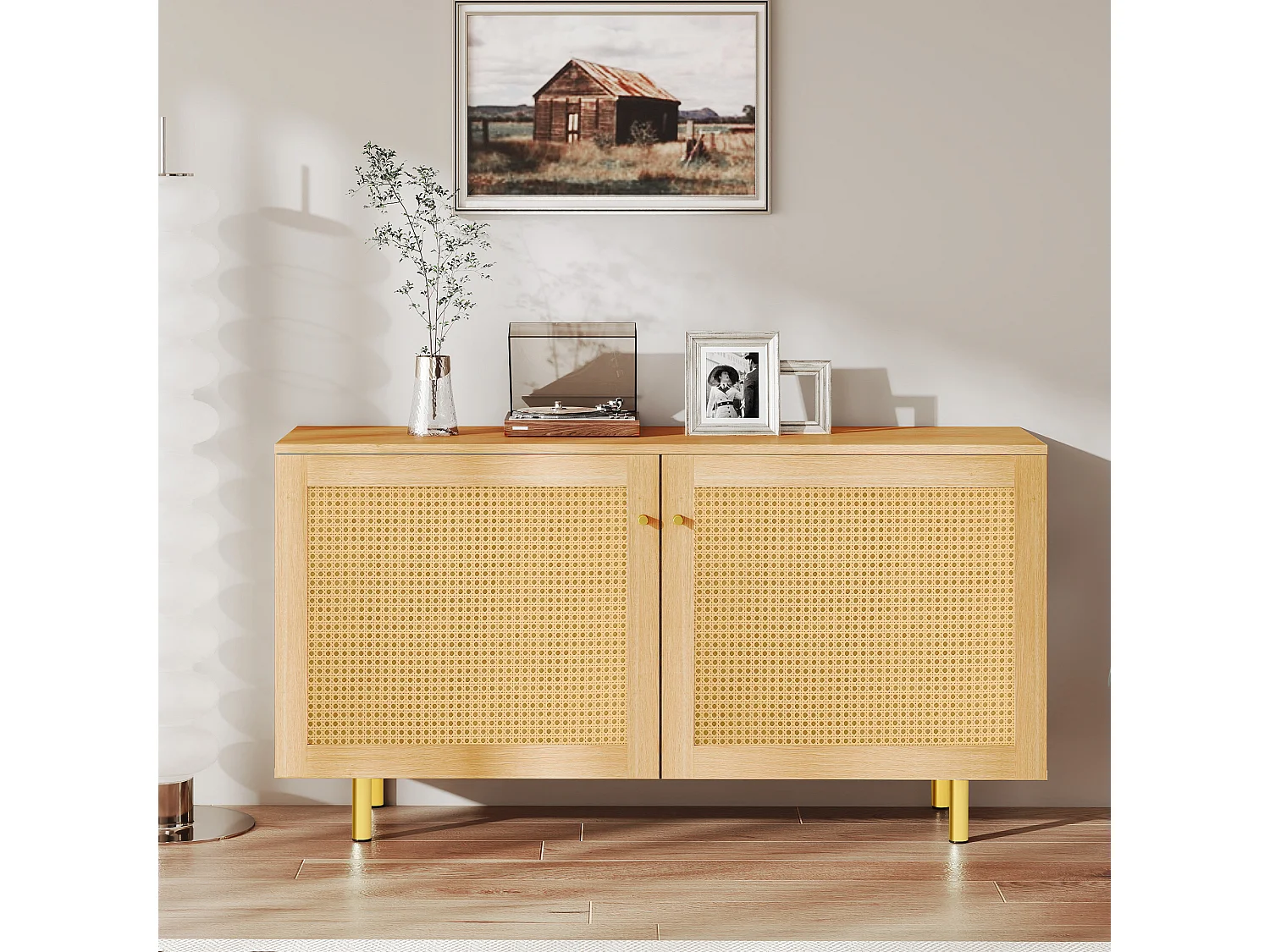 Buffet en osier à 2 portes - Aspect bois naturel 120 x 40 x63 cm