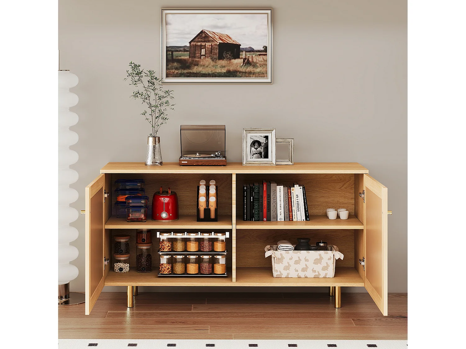 Buffet en osier à 2 portes - Aspect bois naturel 120 x 40 x63 cm