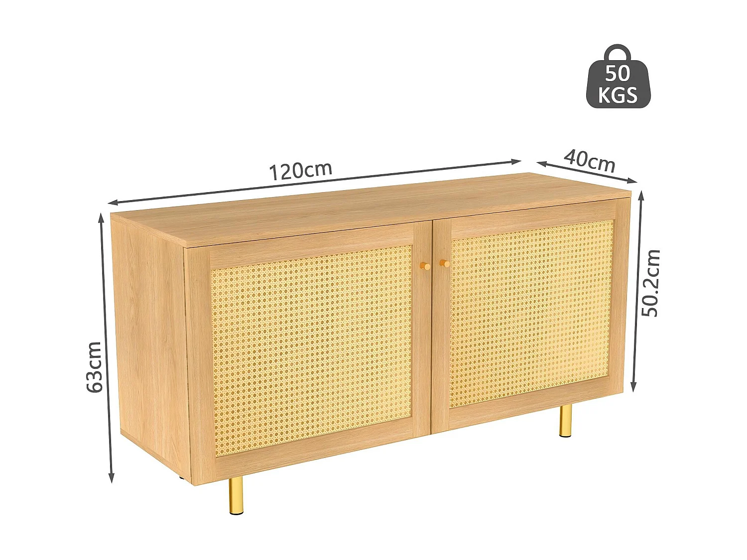 Buffet en osier à 2 portes - Aspect bois naturel 120 x 40 x63 cm