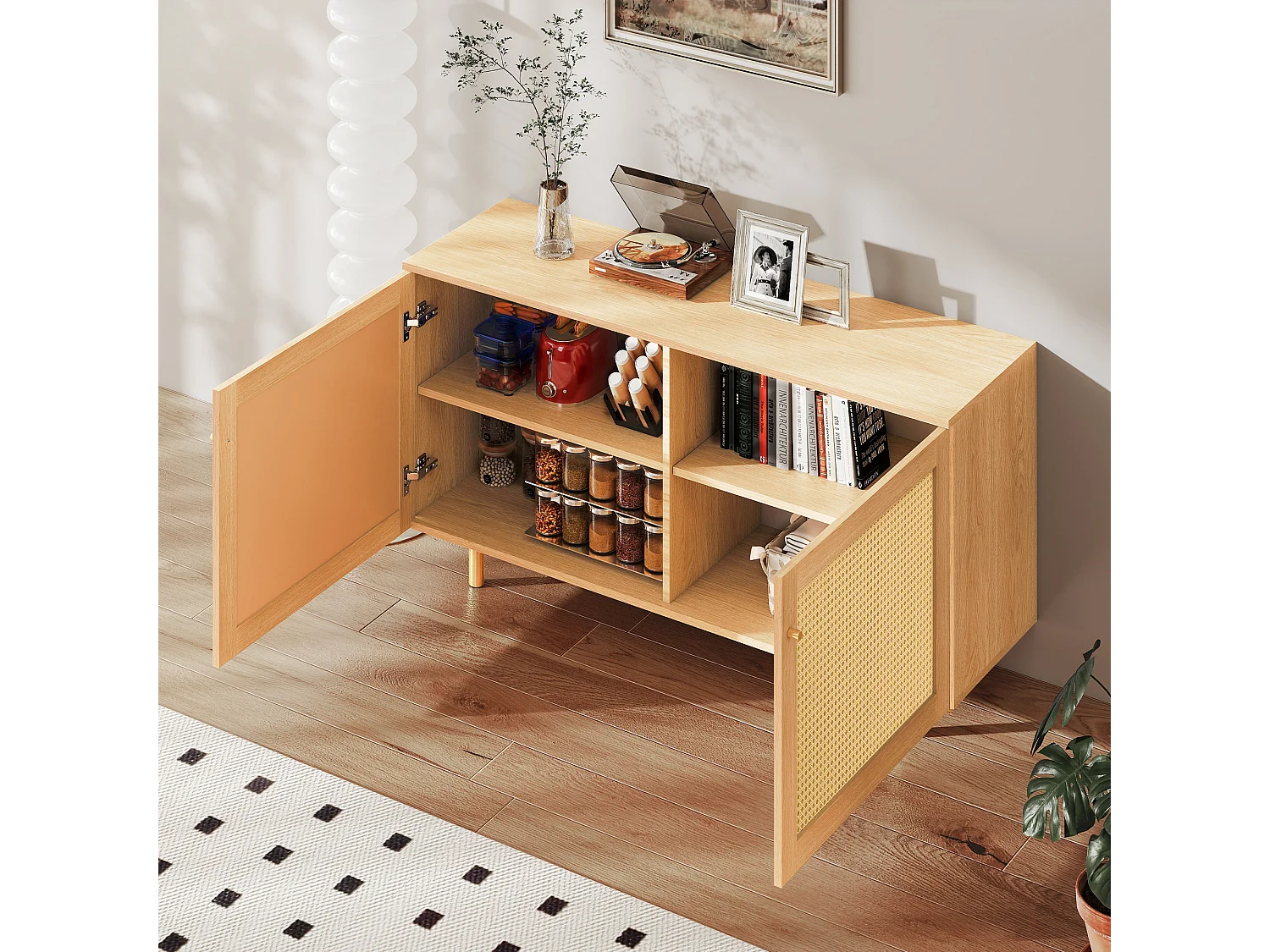 Buffet en osier à 2 portes - Aspect bois naturel 120 x 40 x63 cm