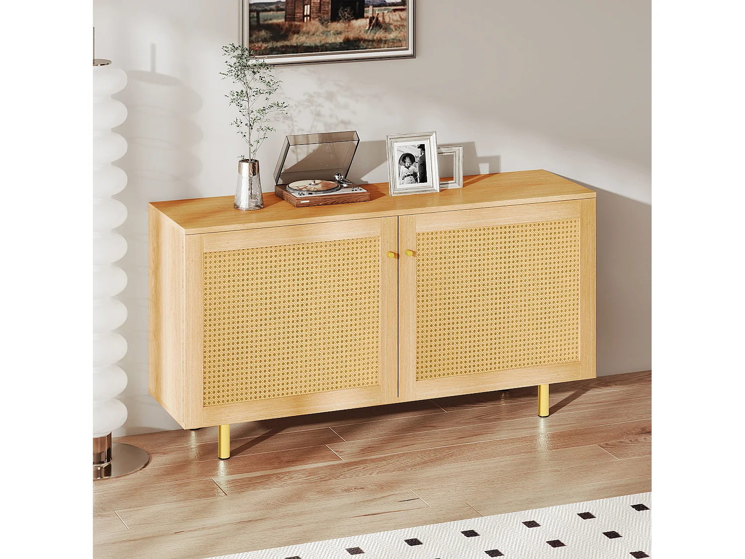 Buffet en osier à 2 portes - Aspect bois naturel 120 x 40 x63 cm