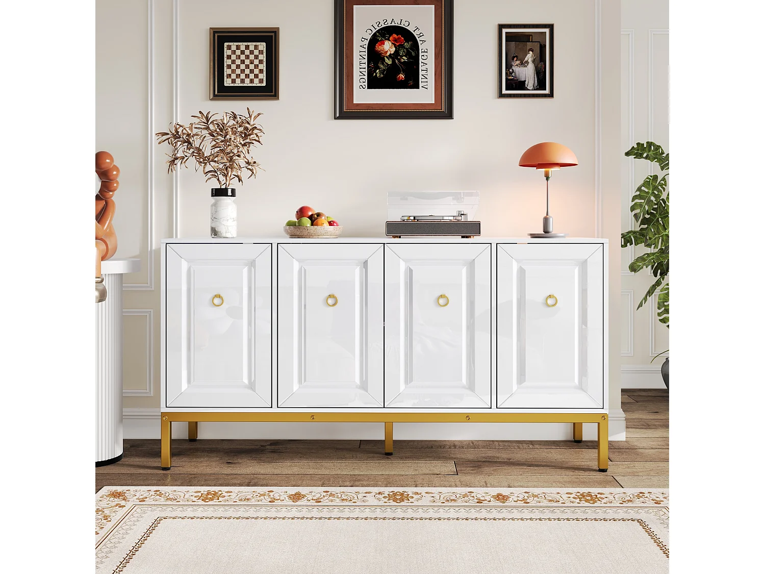 Buffet laqué brillant avec 4 portes - Pieds en métal dorés 140 × 40 × 80 cm