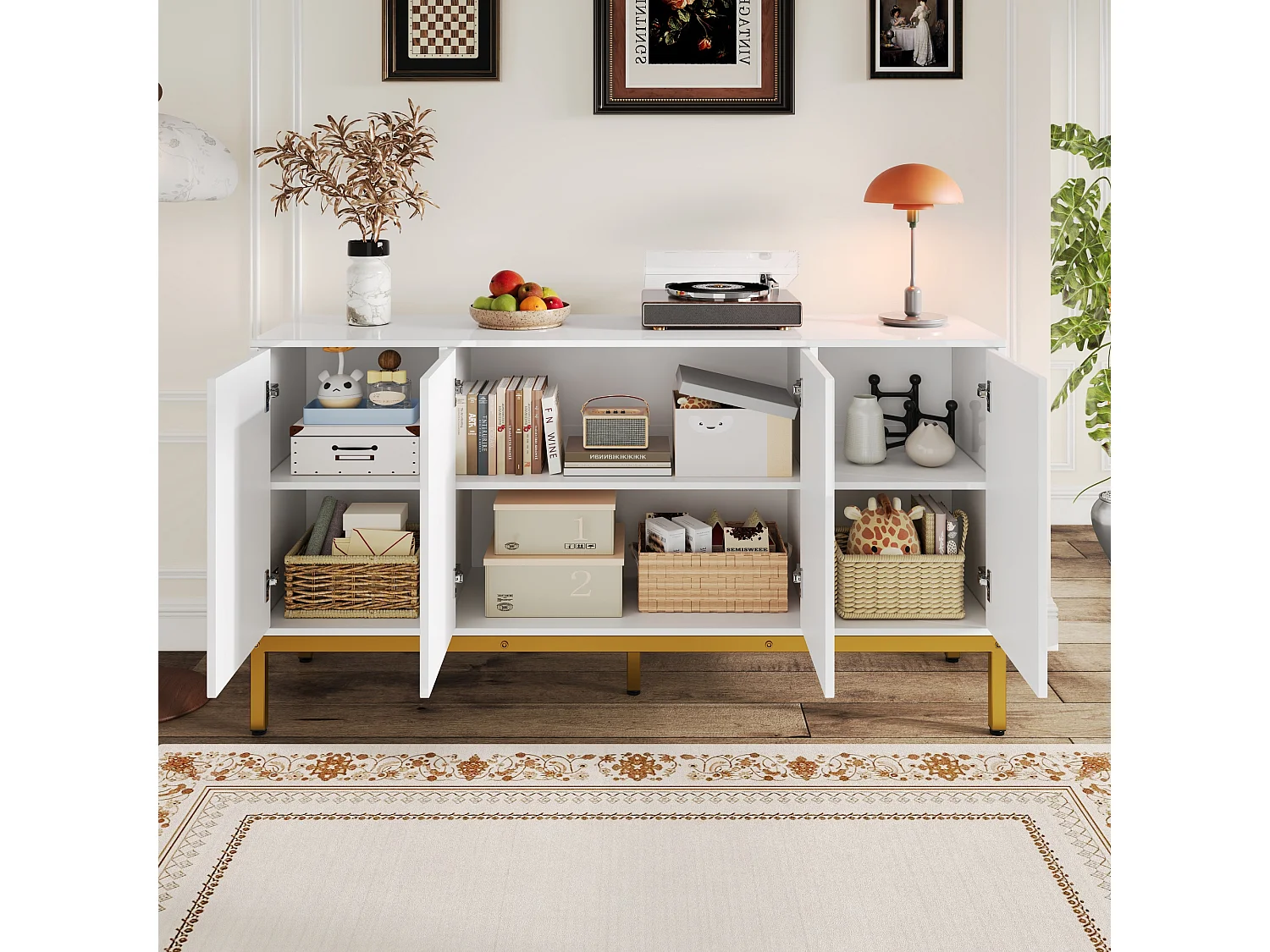 Buffet laqué brillant avec 4 portes - Pieds en métal dorés 140 × 40 × 80 cm