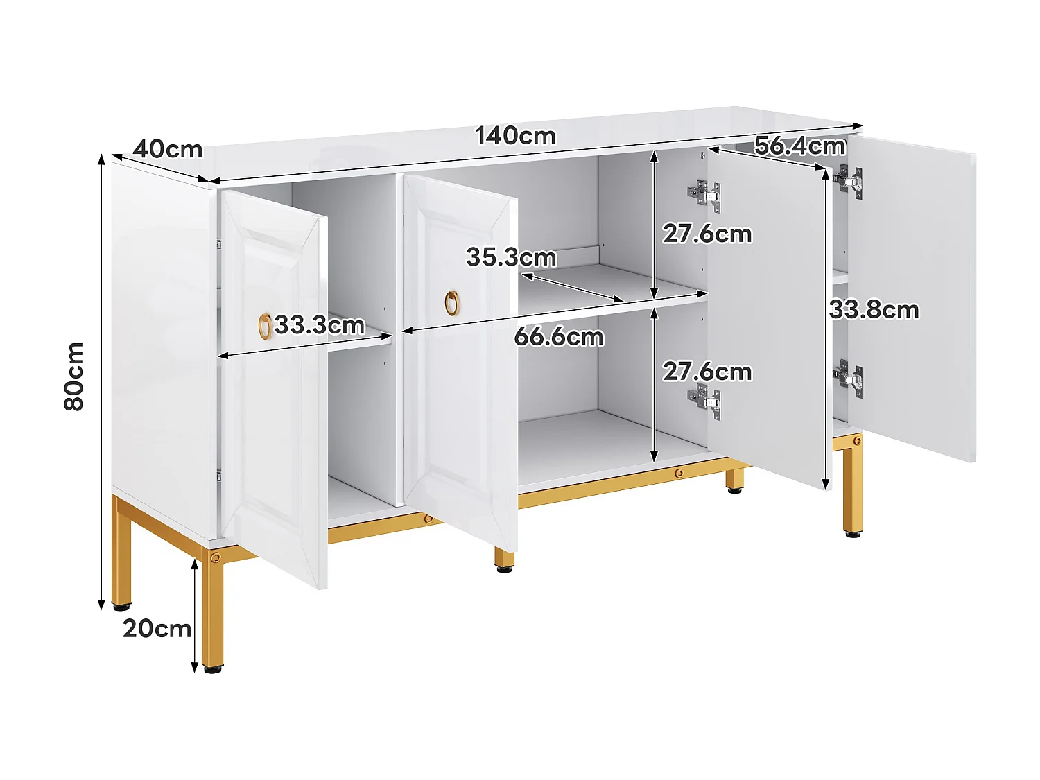 Buffet laqué brillant avec 4 portes - Pieds en métal dorés 140 × 40 × 80 cm