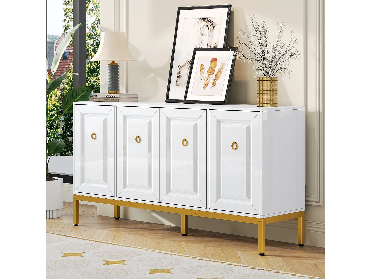 Buffet laqué brillant avec 4 portes - Pieds en métal dorés 140 × 40 × 80 cm