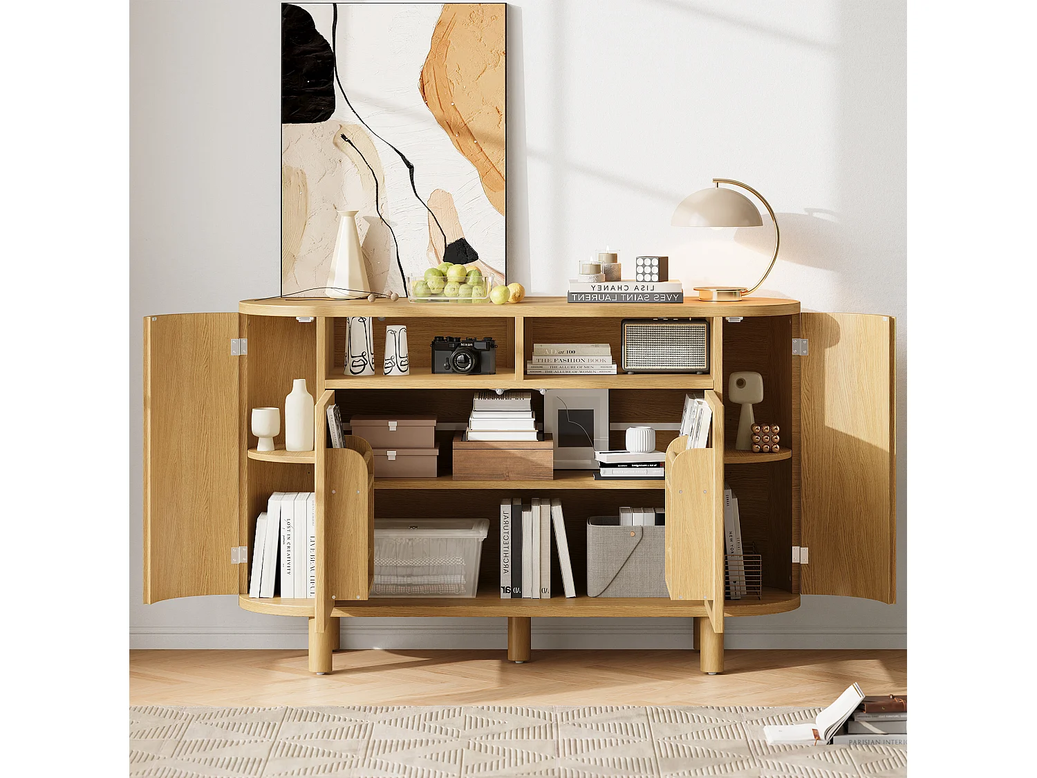 Buffet avec 4 portes et rangement ouvert - Naturel clair 120 x 38 x 77 cm