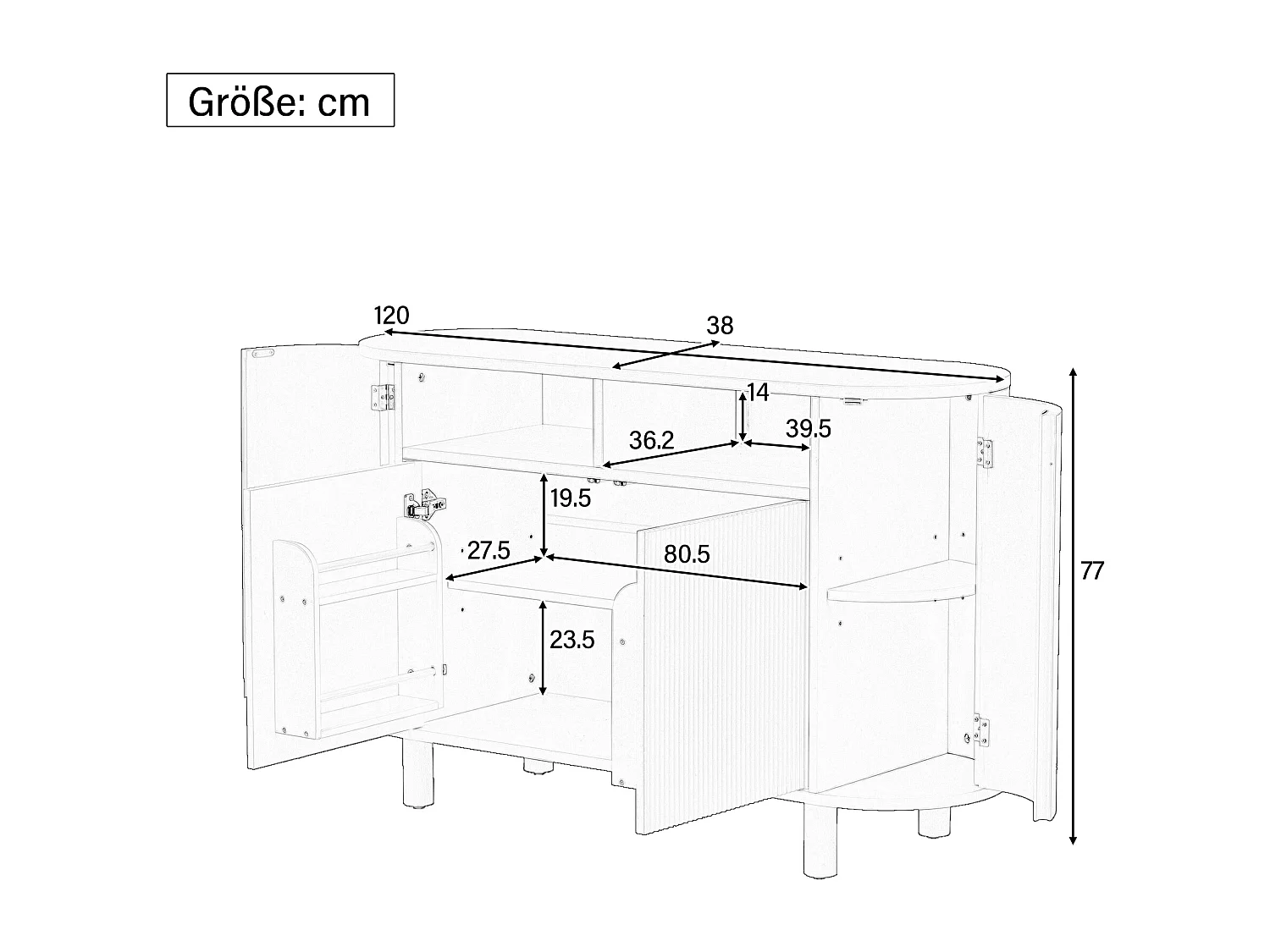 Buffet avec 4 portes et rangement ouvert - Naturel clair 120 x 38 x 77 cm
