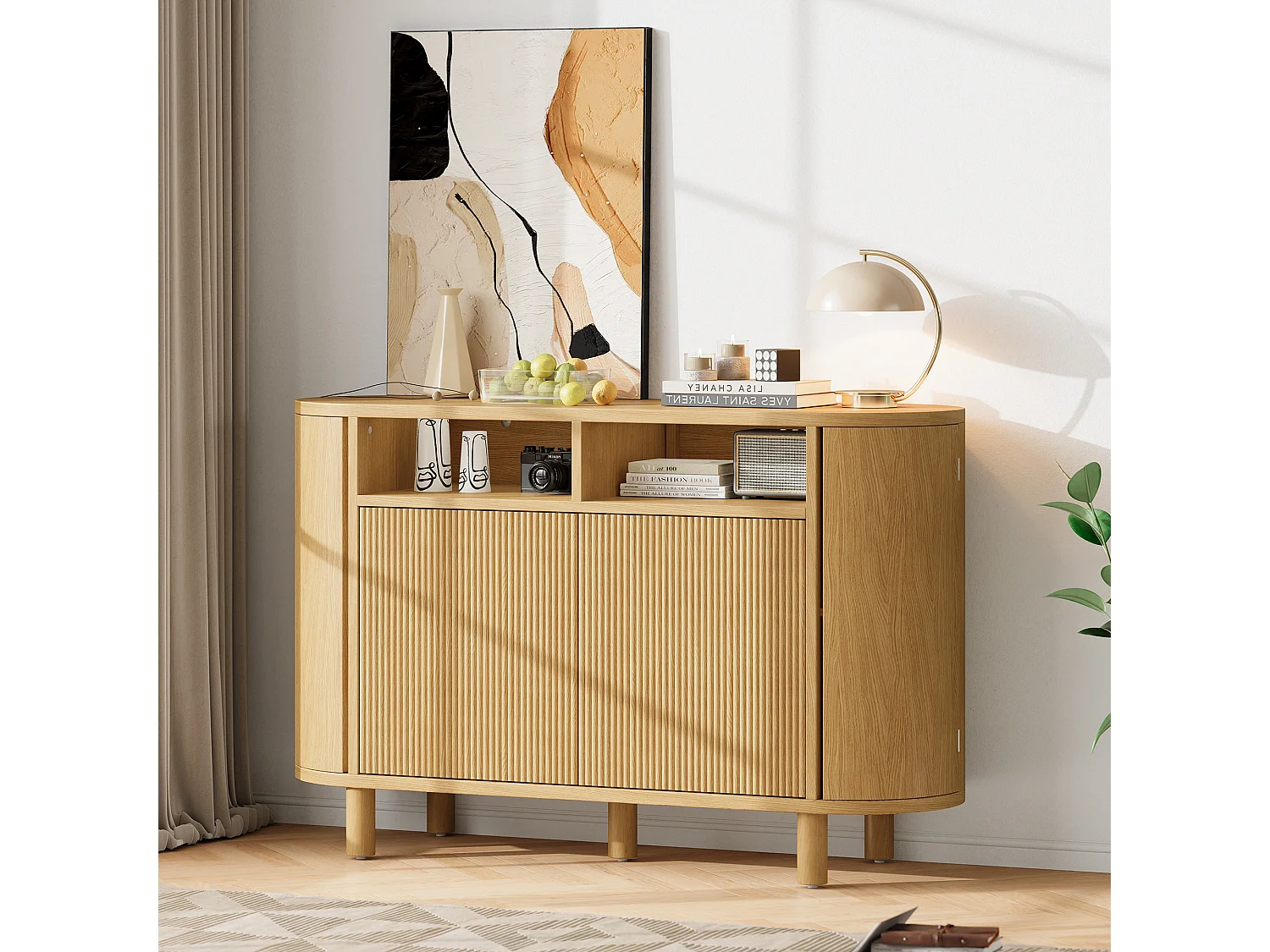 Buffet avec 4 portes et rangement ouvert - Naturel clair 120 x 38 x 77 cm