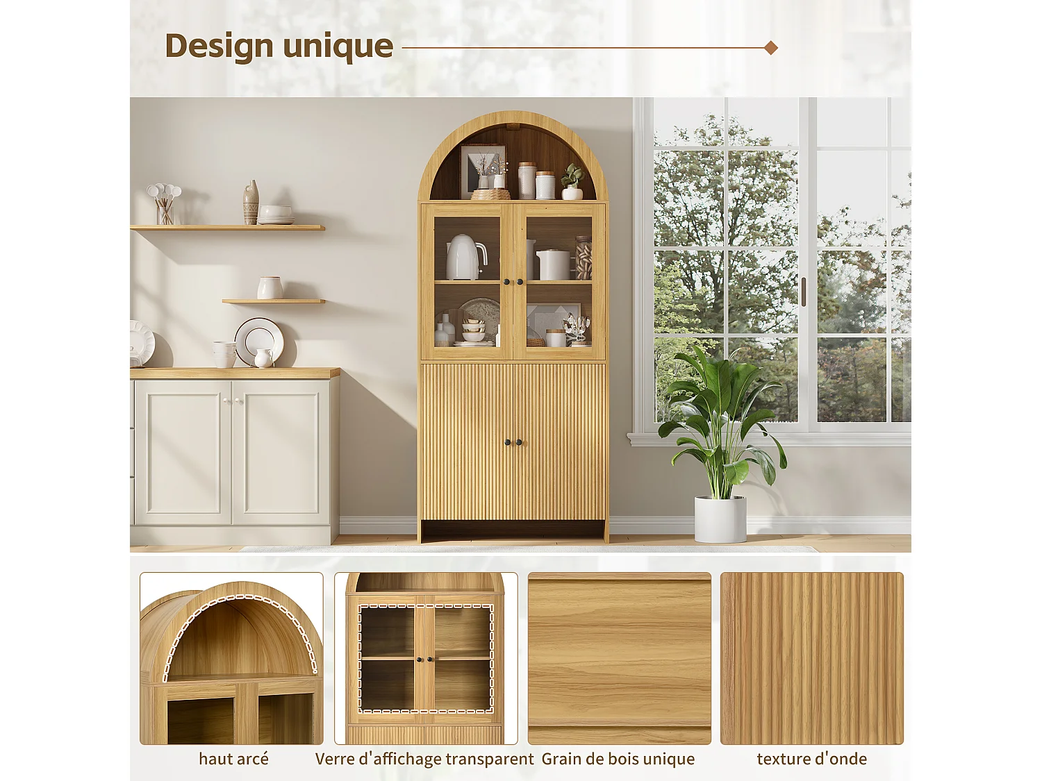 Buffet à plateau larqué avec 4 portes , vitrine à portes vitrées - Couleur bois