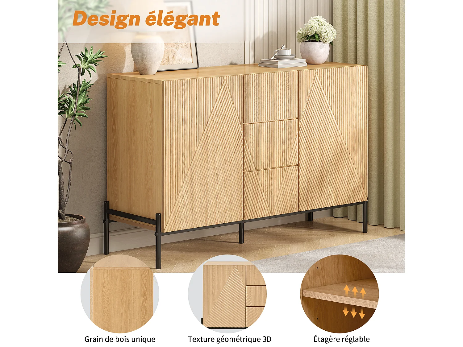 Buffet avec 2 porte et 3 tiroirs pour salon/salle à manger - Couleur bois