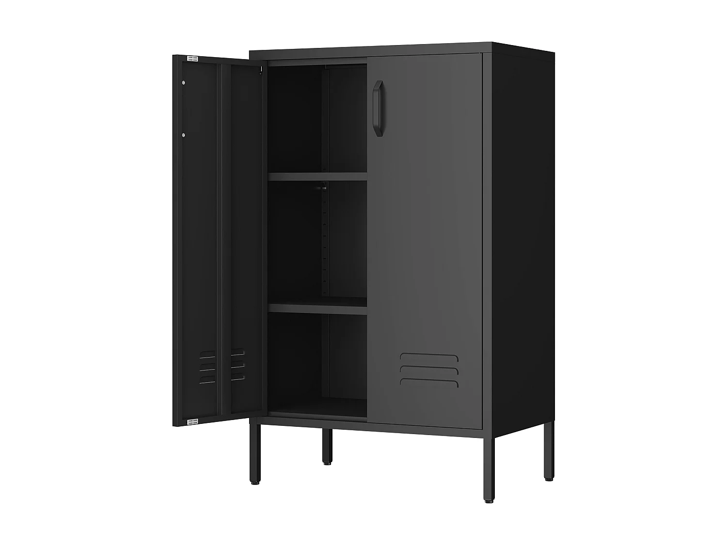 Credenza in metallo nero con 2 ante e 2 ripiani regolabili.