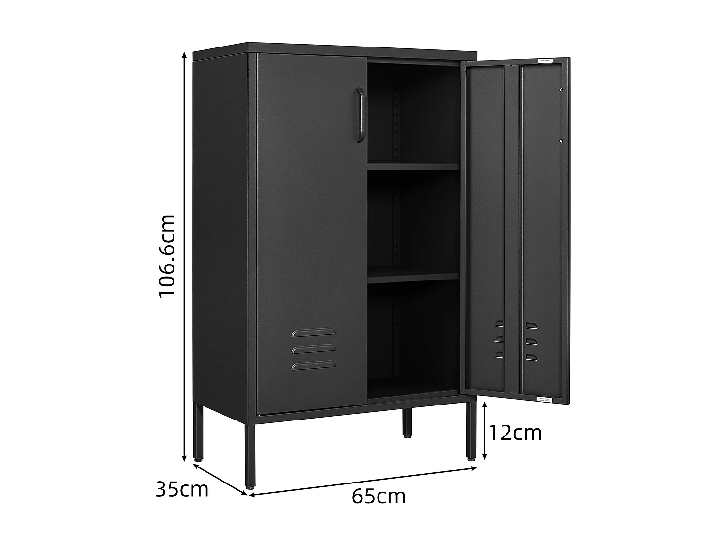 Credenza in metallo nero con 2 ante e 2 ripiani regolabili.