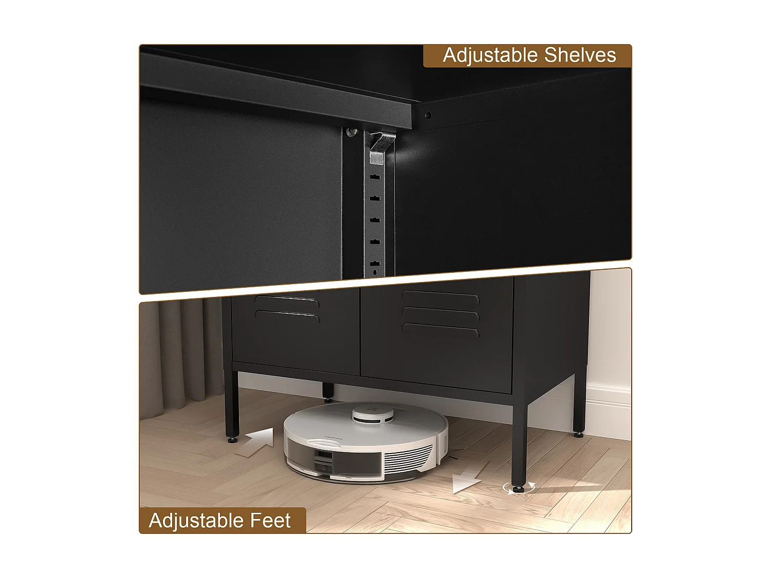 Credenza in metallo nero con 2 ante e 2 ripiani regolabili.