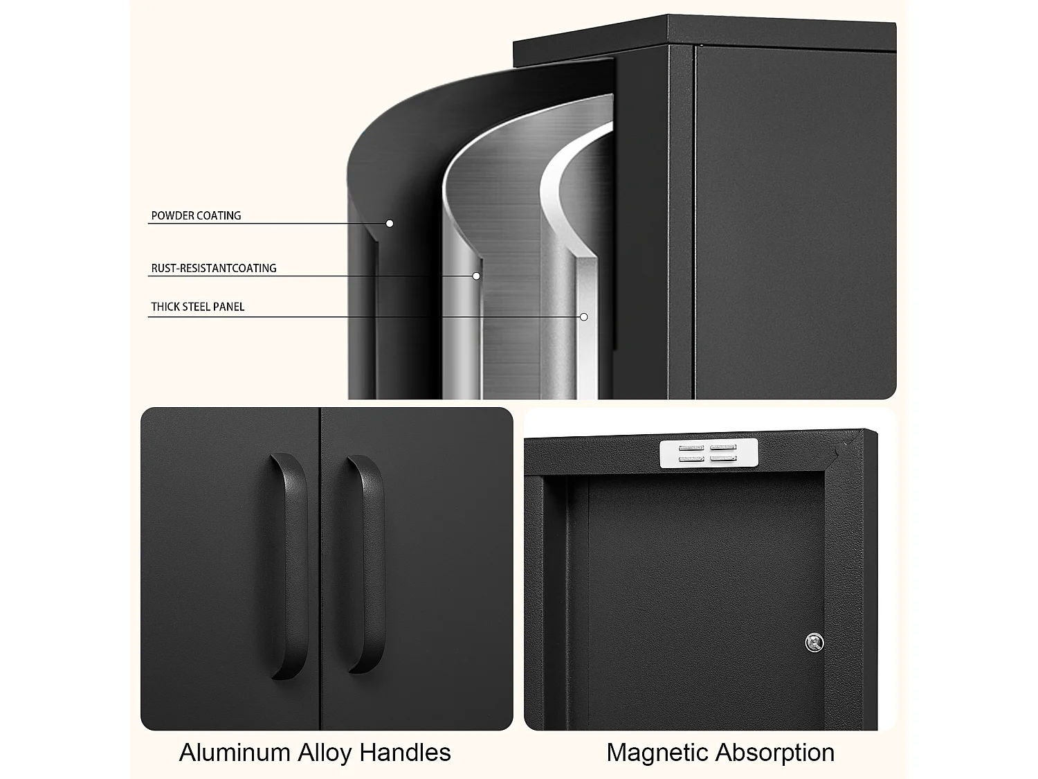 Credenza in metallo nero con 2 ante e 2 ripiani regolabili.