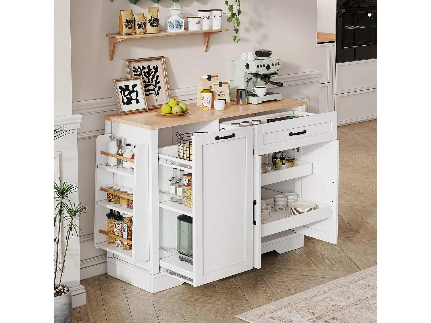 Buffet blanc cuisine avec tiroir, rangements coulissants et étagères 115x40x87 cm