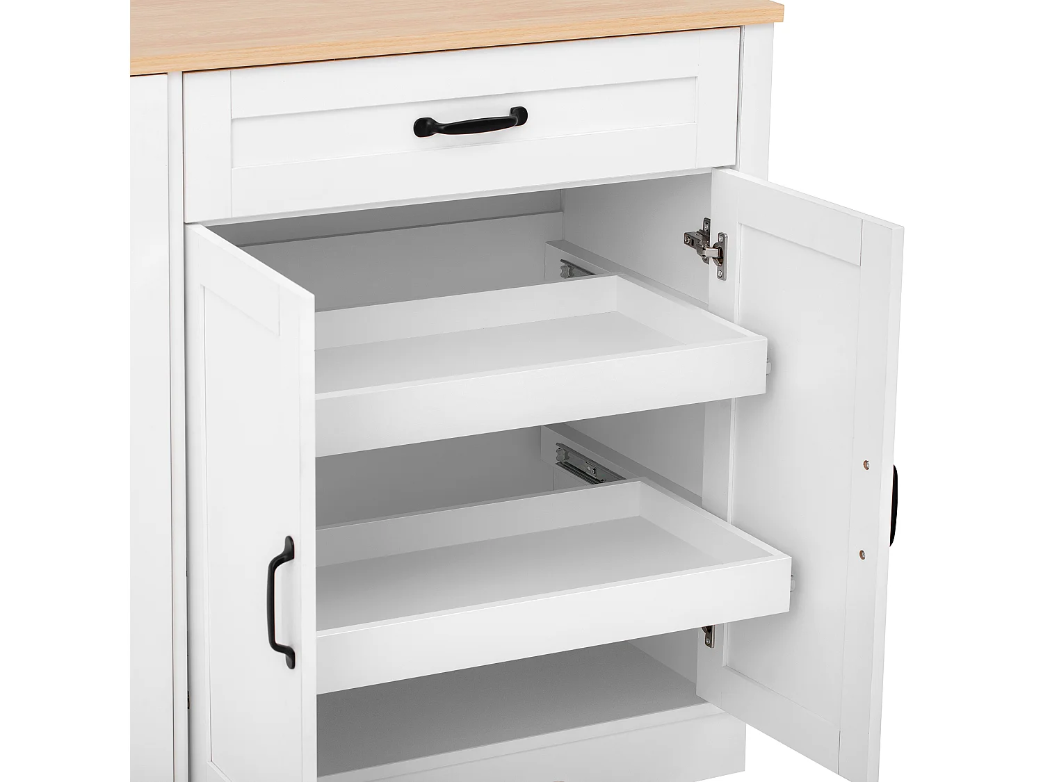 Buffet blanc cuisine avec tiroir, rangements coulissants et étagères 115x40x87 cm