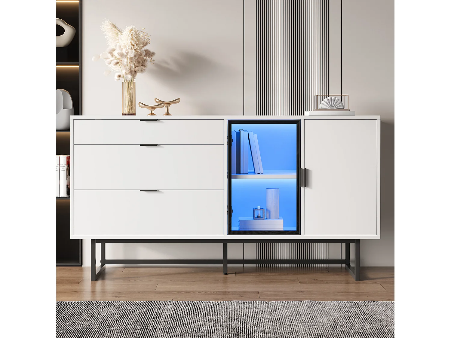 Buffet blanc avec 3 tiroirs, 2 portes et LED 160 x 36 x 78 cm