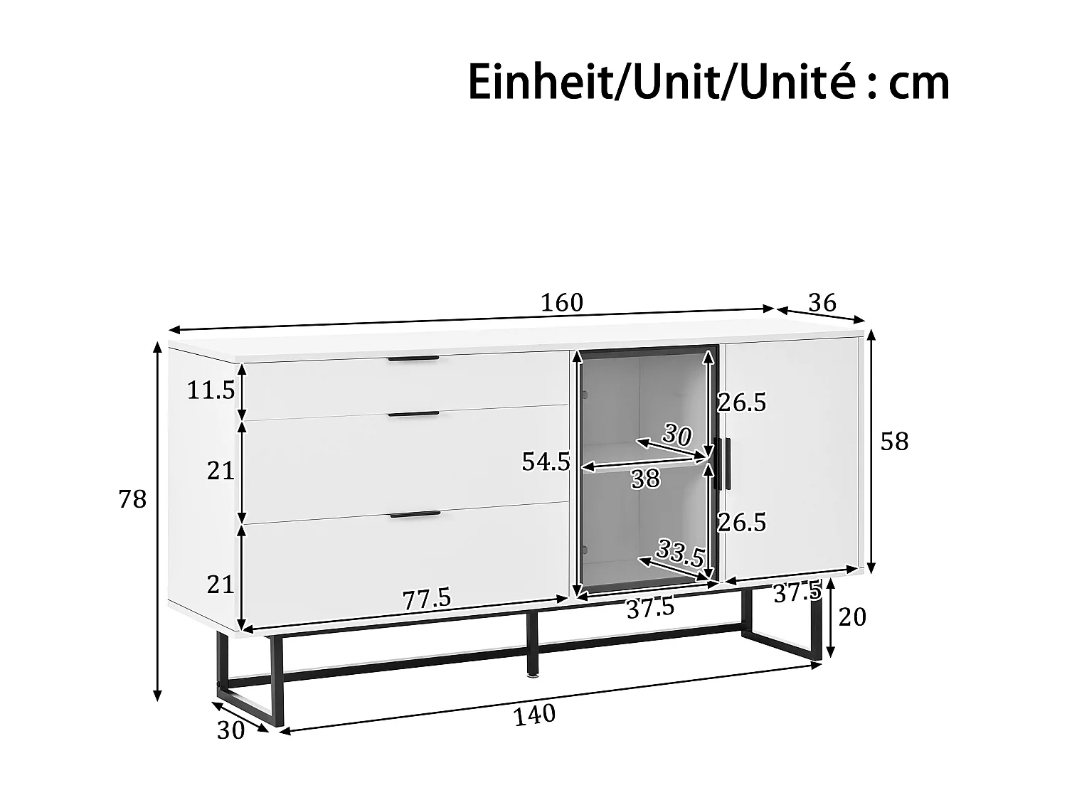 Buffet blanc avec 3 tiroirs, 2 portes et LED 160 x 36 x 78 cm