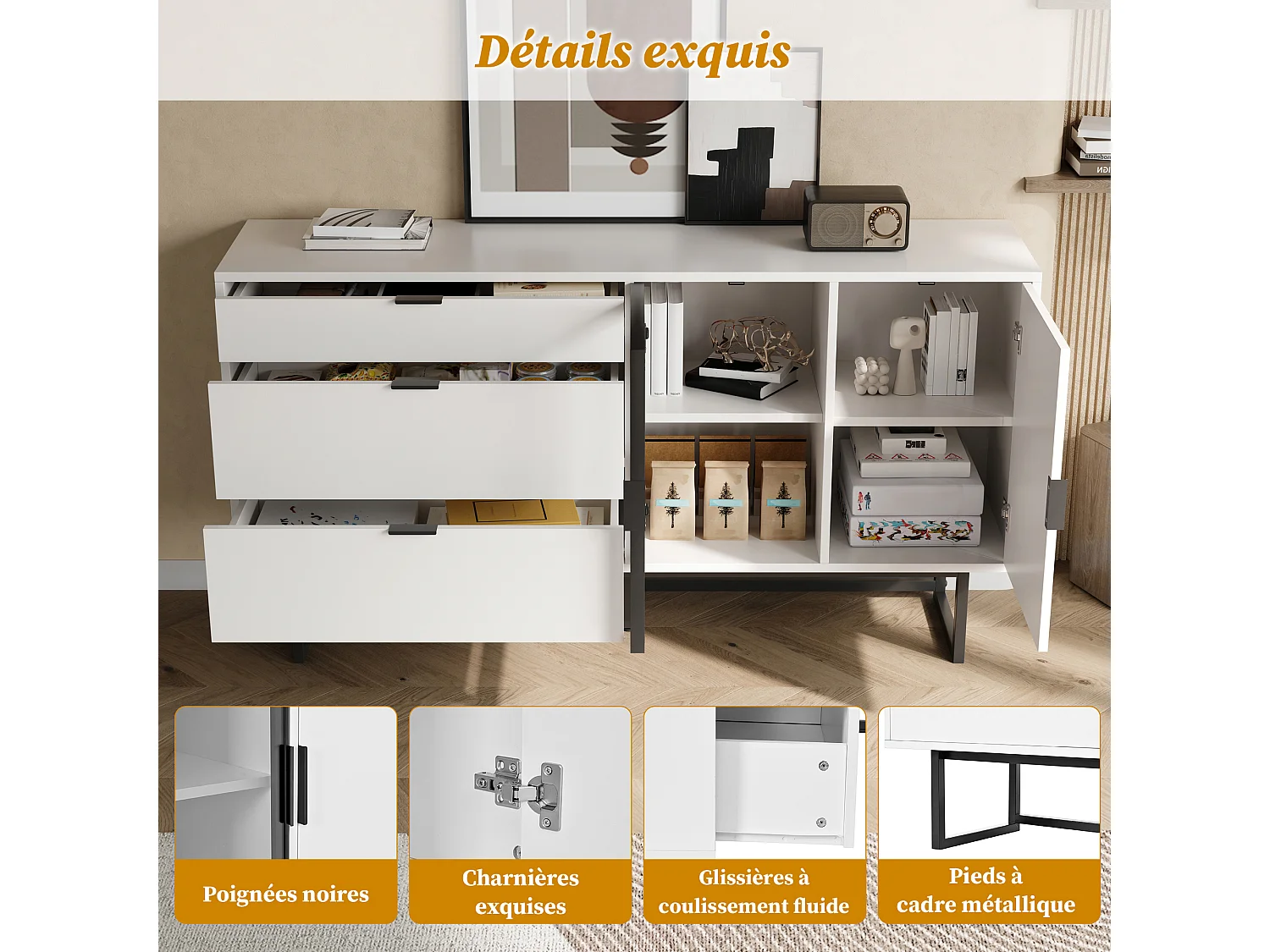 Buffet blanc avec 3 tiroirs, 2 portes et LED 160 x 36 x 78 cm