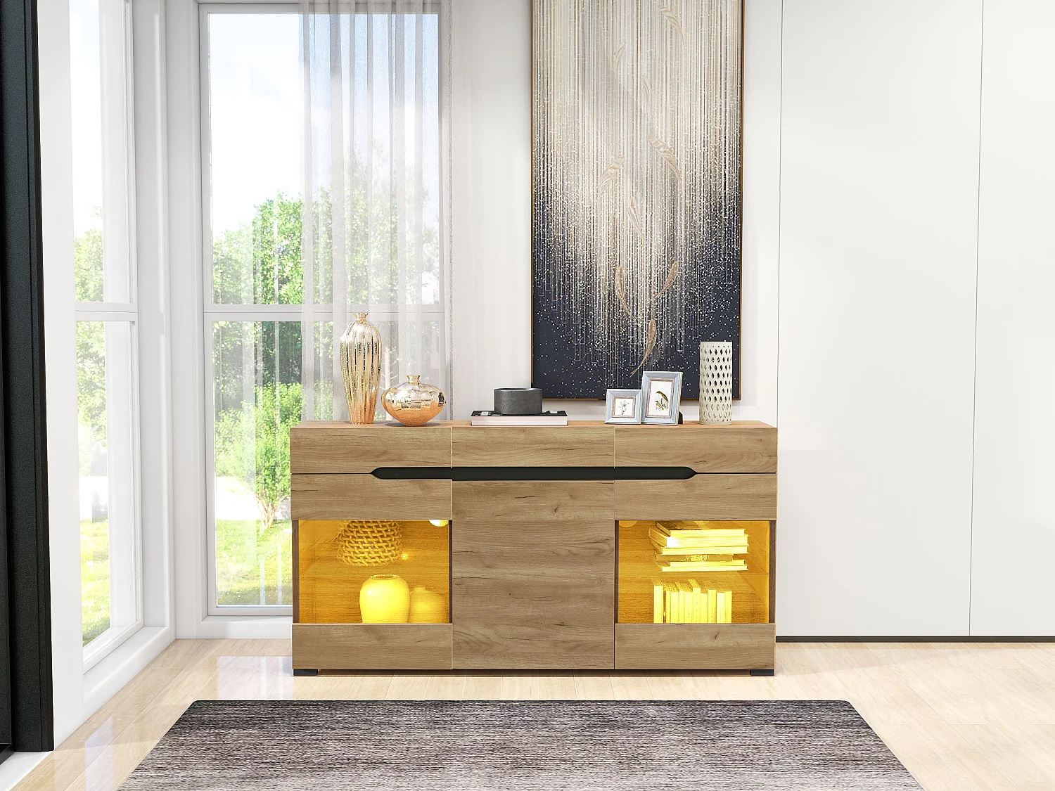 Buffet LED 140x35x80 cm avec 3 portes et 3 tiroirs - Naturel clair