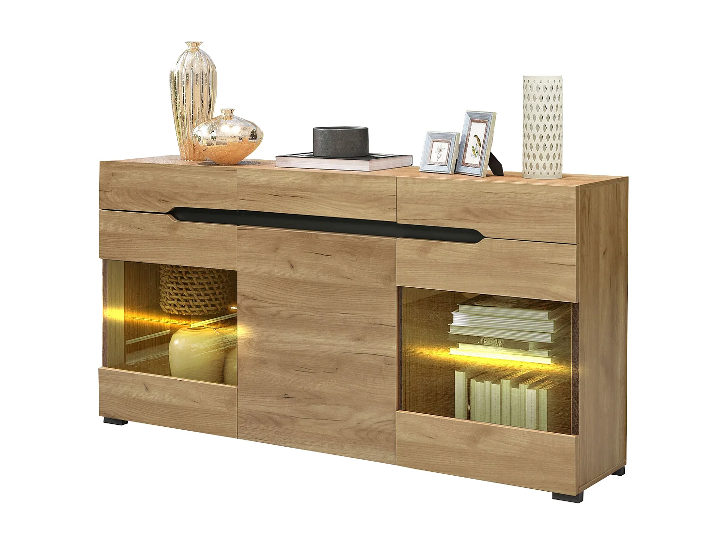 Buffet LED 140x35x80 cm avec 3 portes et 3 tiroirs - Naturel clair