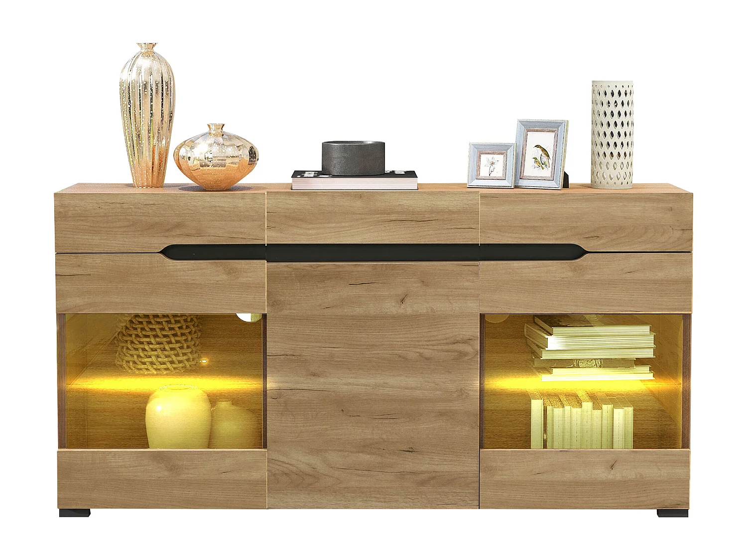 Buffet LED 140x35x80 cm avec 3 portes et 3 tiroirs - Naturel clair